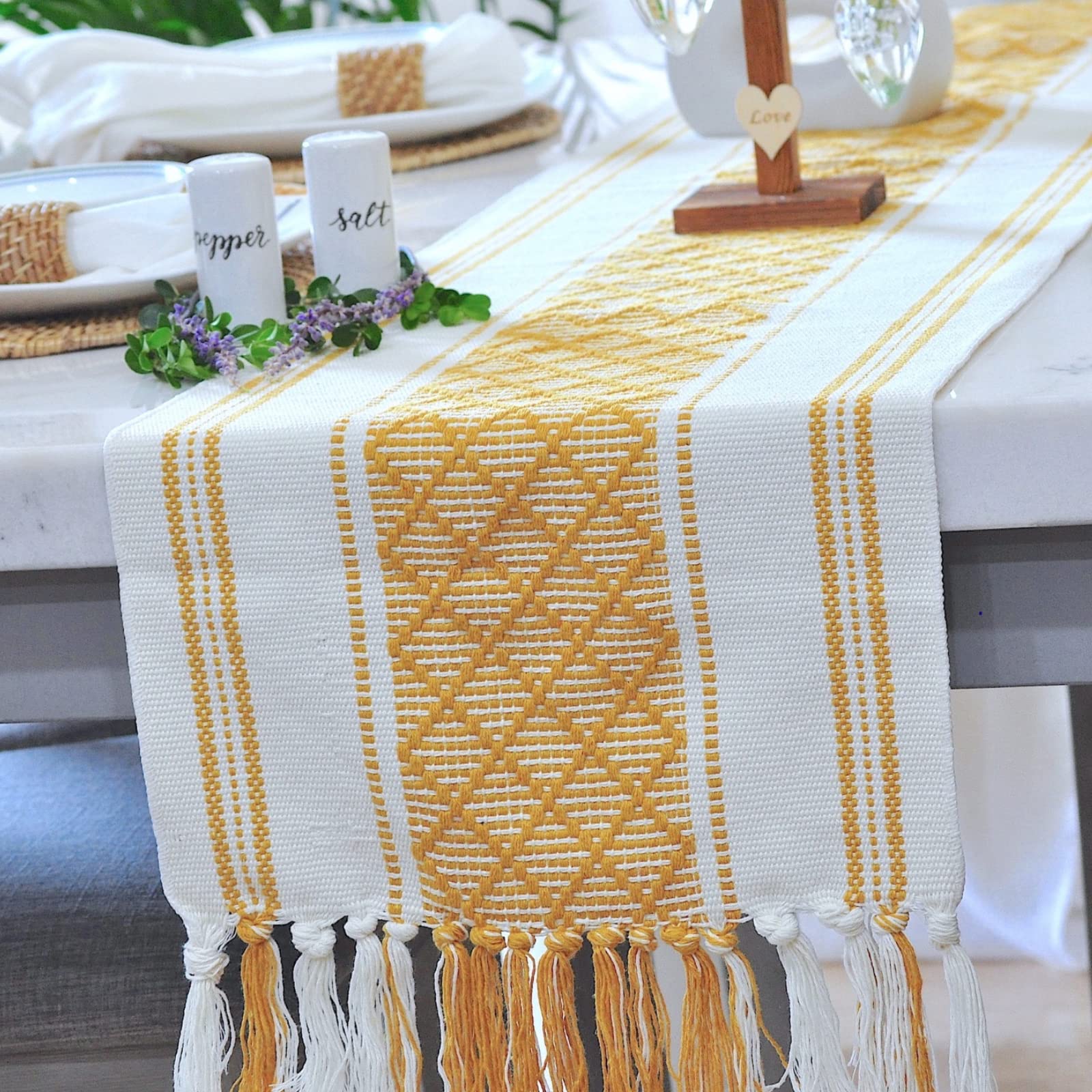 Oveesha Small Coffee Table Runner With Fringe 14 X 48 Inches, Mustard Yellow & Cream White/Woven Dresser Scarf/Farmhouse Coffee