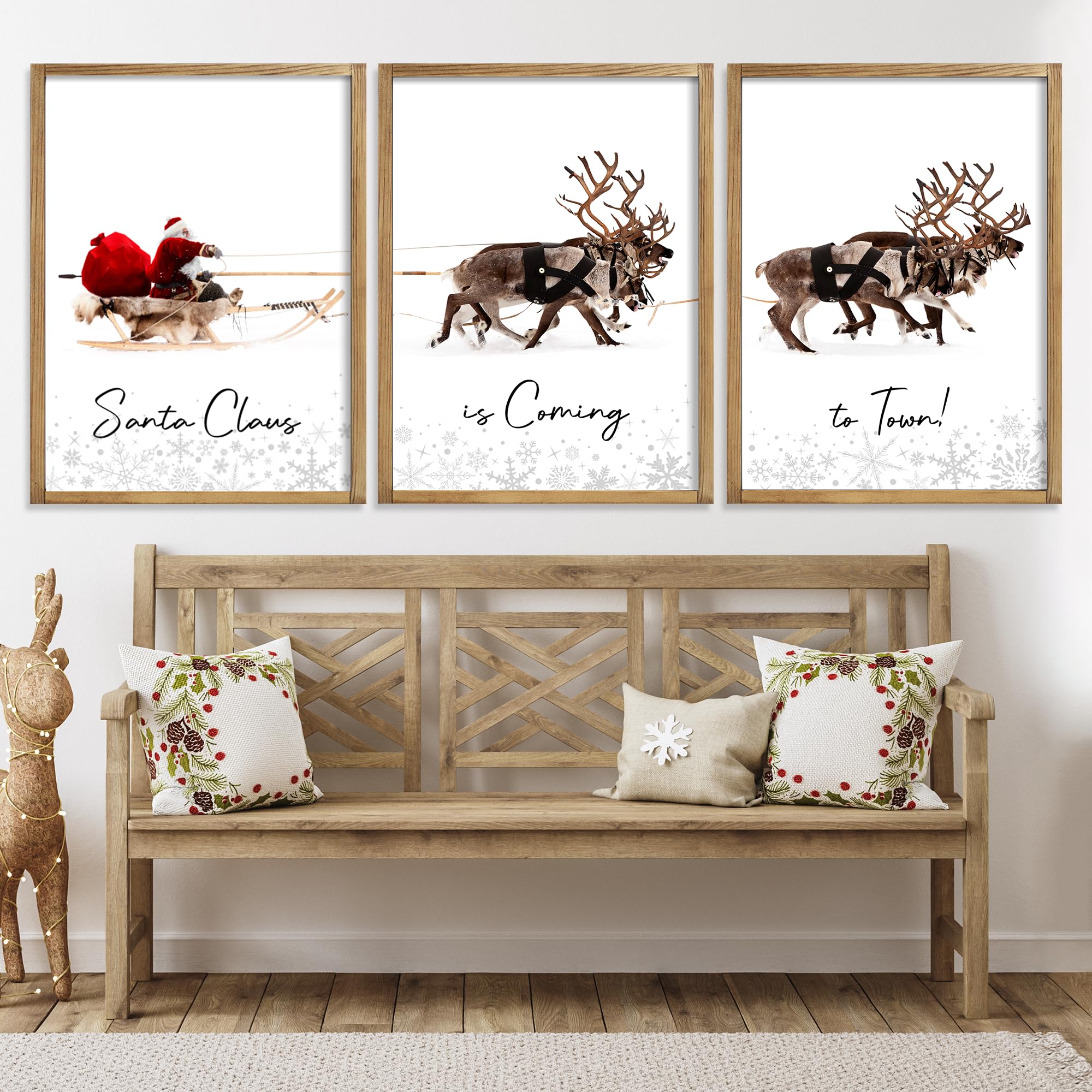Litivy Framed Set Of 3 Christmas Wall Art Christmas Santa Claus With Sleigh Deer For Christmas Wall Decor Prints Xmas Sign For H