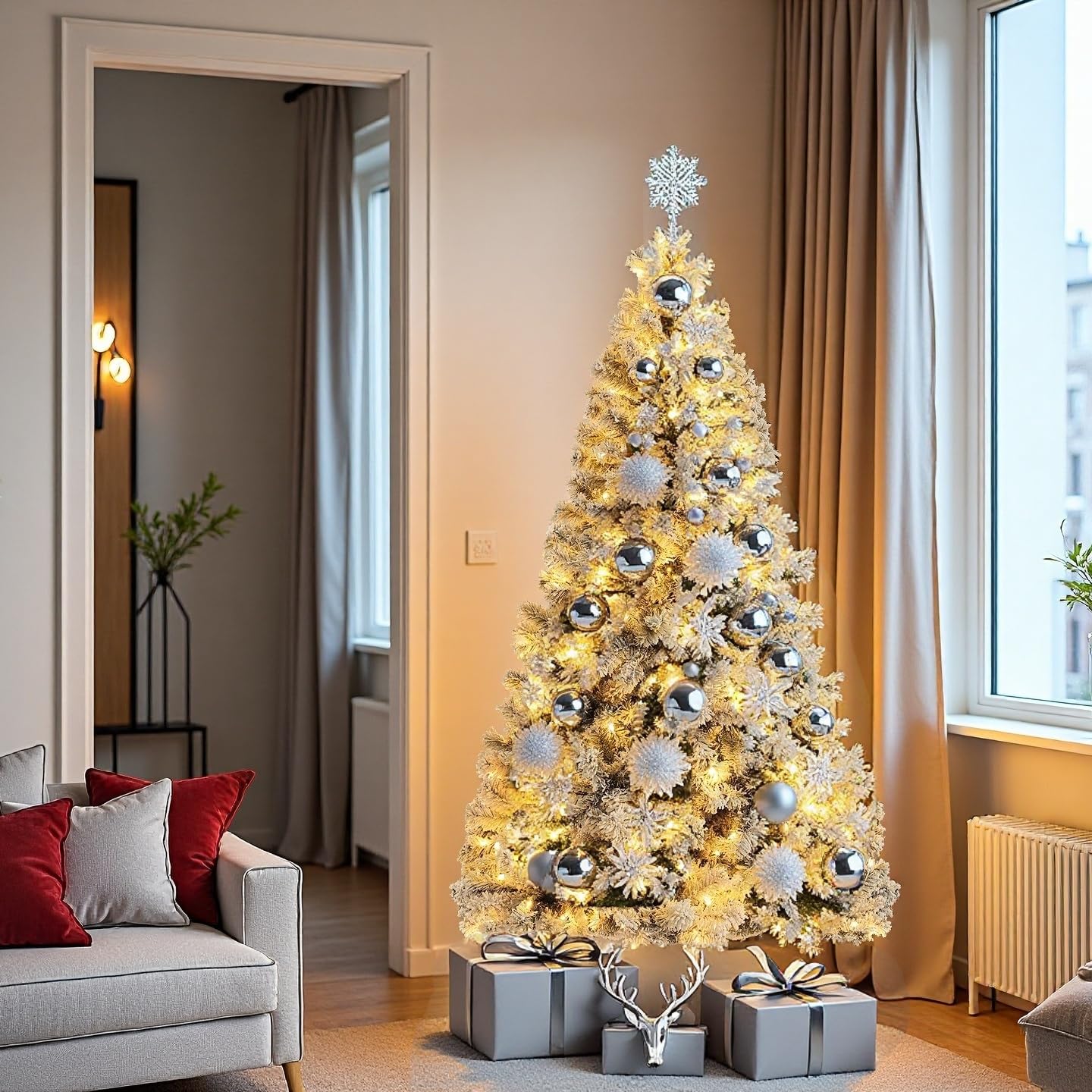 6FT Flocked Green Artificial Christmas Tree with 250 Warm White LED Lights - Pre-Lit Snow Tipped Full Tree for Indoor Holiday Ho