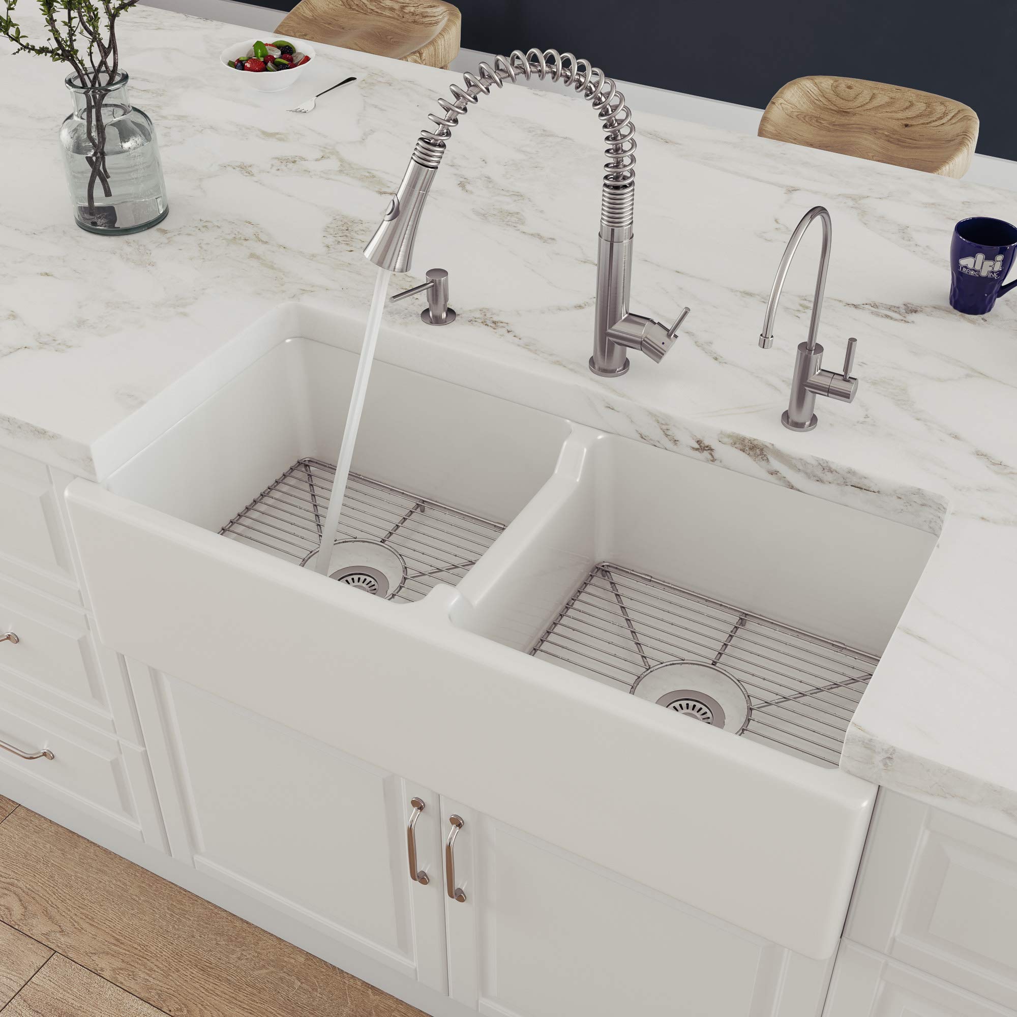 Alfi Brand Ab3918Db-W Smooth Thick Wall Fireclay Double Bowl Farm Sink, 39'', White