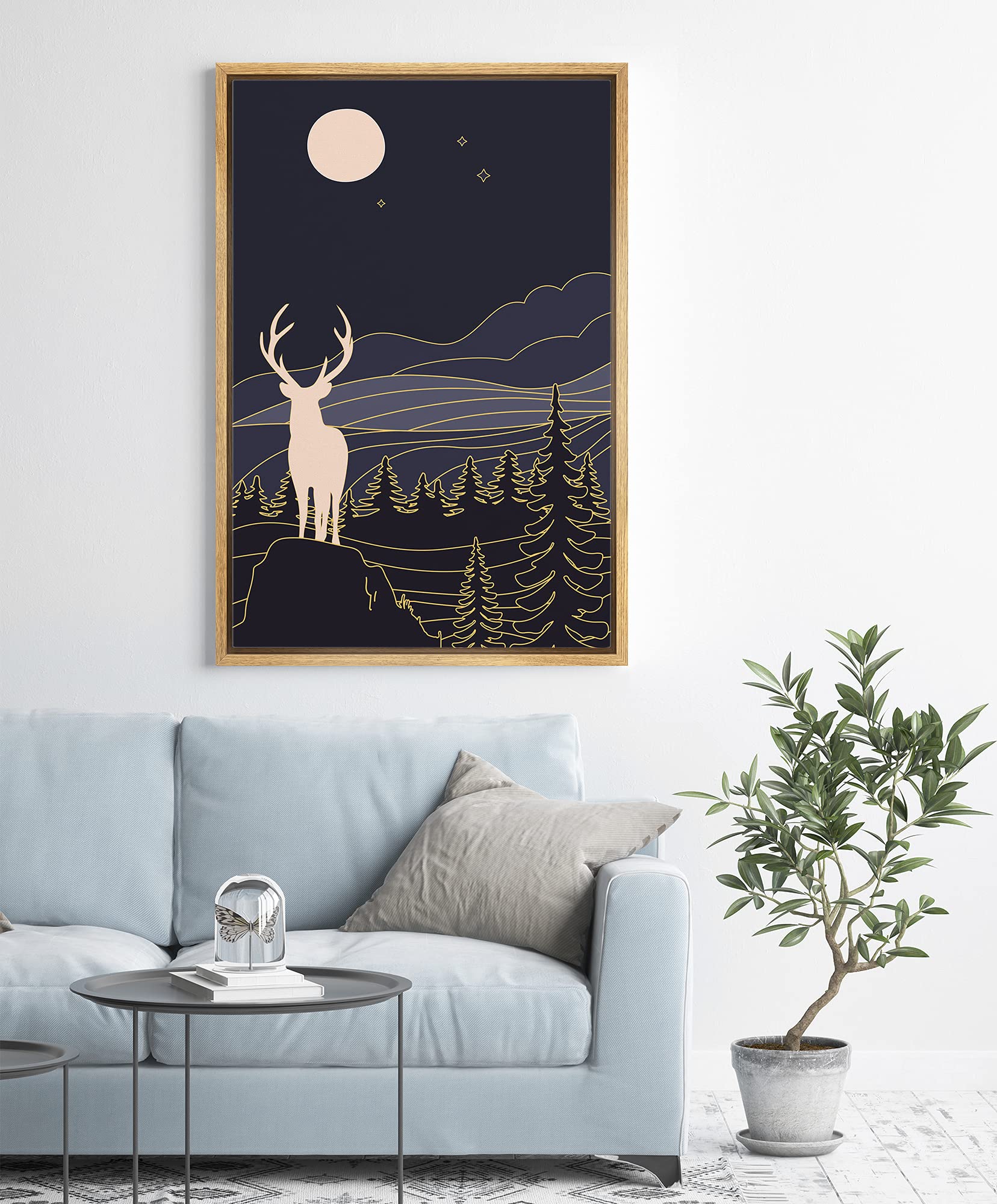 IDEA4WALL Framed Canvas Print Wall Art Deer in The Golden Blue Night Forest Animals Wildlife Illustrations Modern Art Farmhouse/Country Dark for Living Room  Bedroom  Office - 16''x24'' Natural