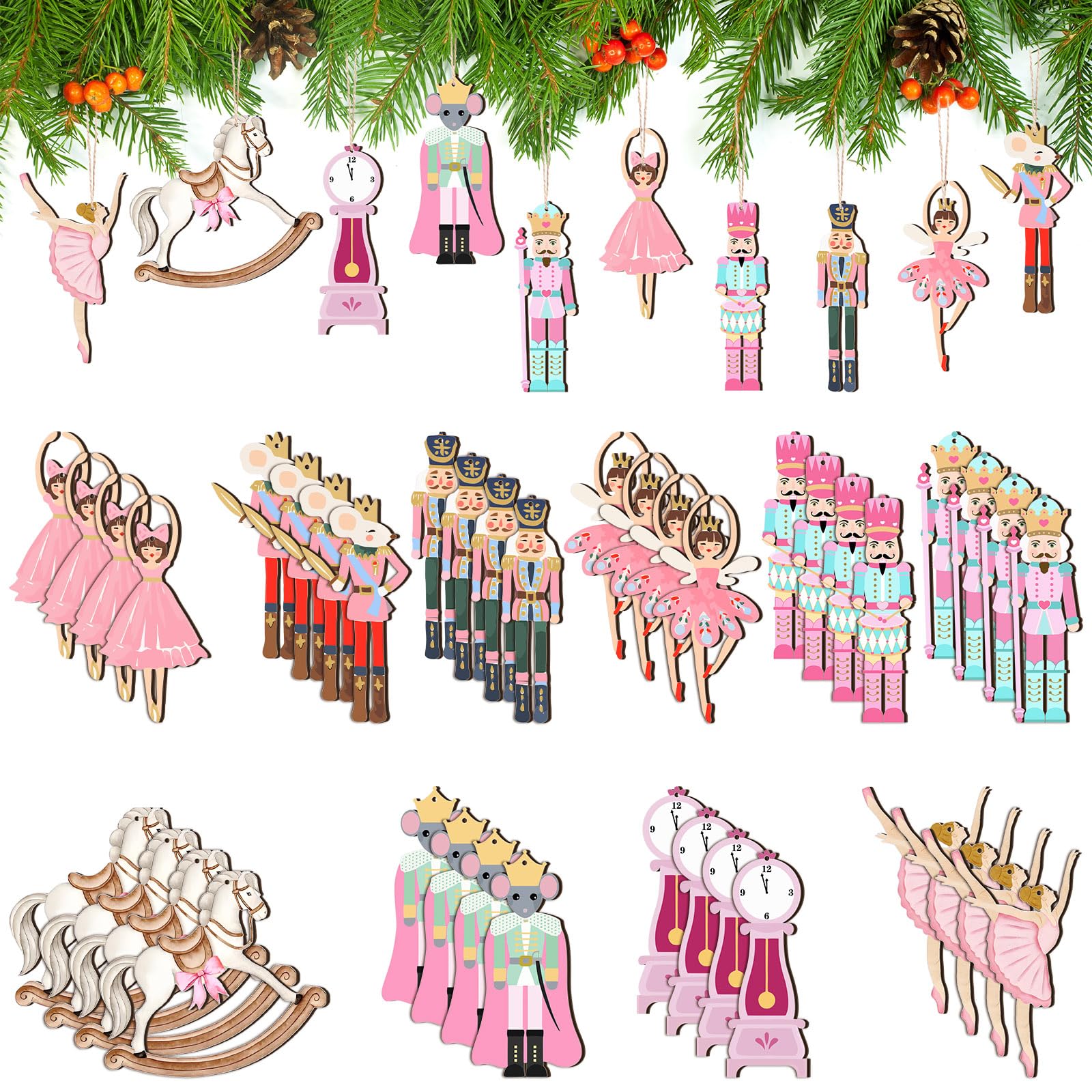 Leinuosen 50 Pcs Pink Christmas Nutcracker Wood Ornaments Christmas Nutcracker Princess Wooden Hanging Ornaments Wooden Hanging 