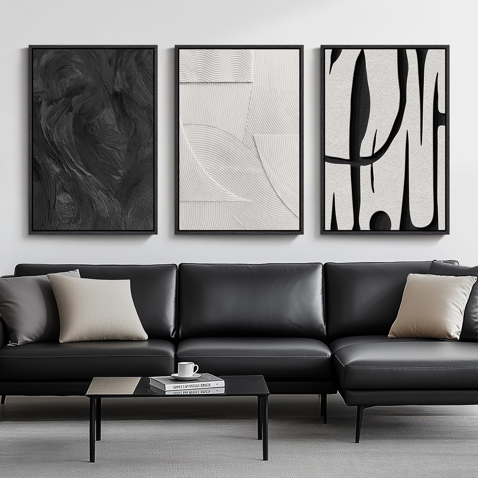 Large 3D Textured Framed Black And White Abstract Wall Art For Living Room, 3 Piece Modern Artwork For Walls, Minimalist Black W