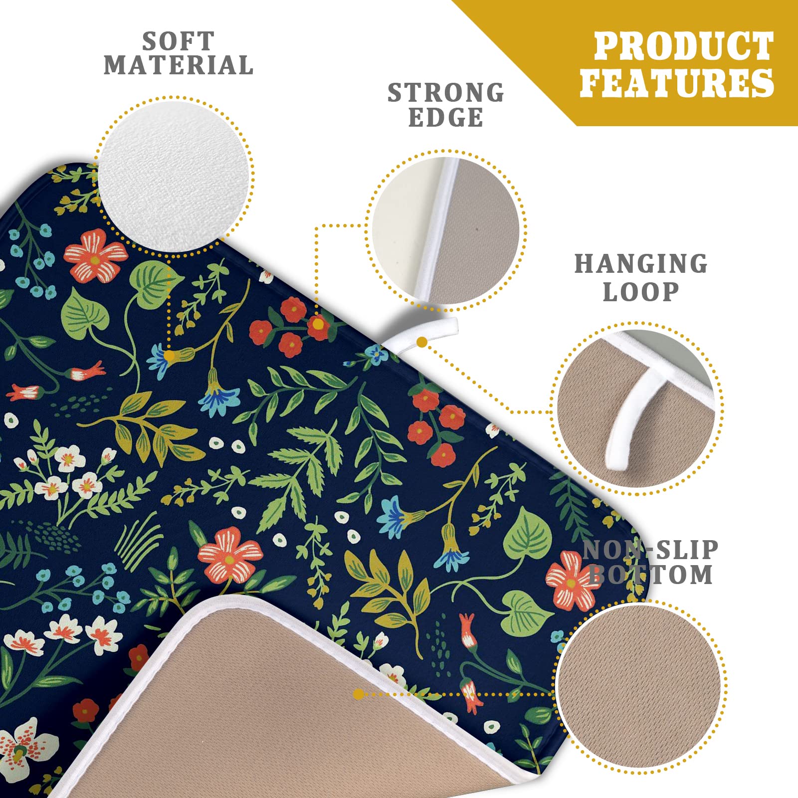 Flower Floral Dish Drying Mat 18X24 Inch Microfiber Navy Blue Drying Mats With Hanging Loop Absorbent Green Leaves Dish Drainer