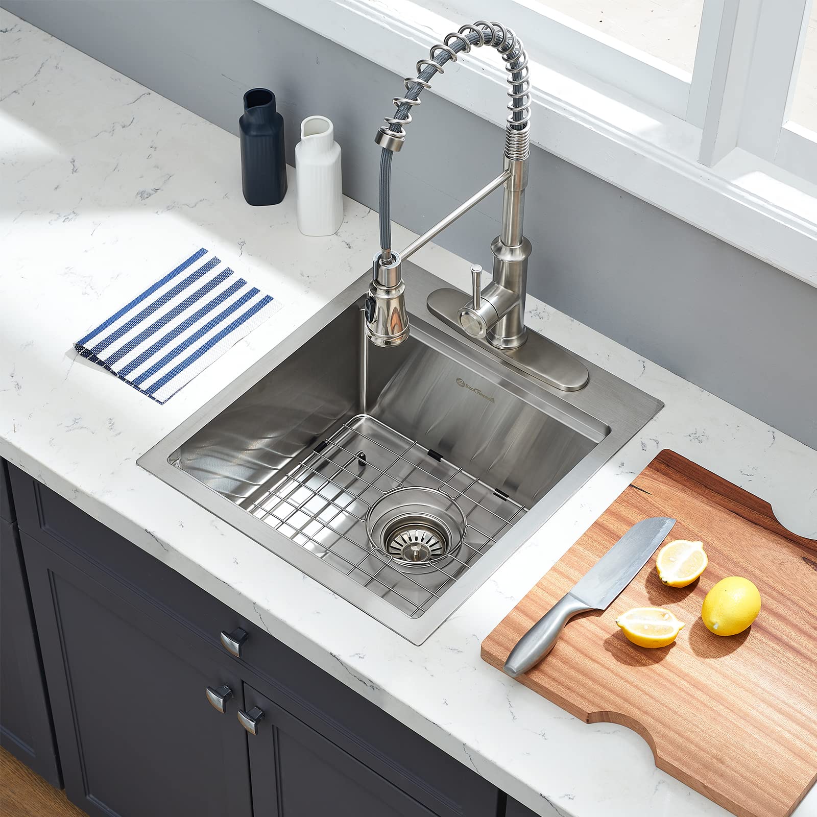 EcoChannels Kitchen Sink  17 x 19 Inch Drop-in Bar Sink Stainless Steel Topmount Kitchen Sink Single Bowl Workstation Sink