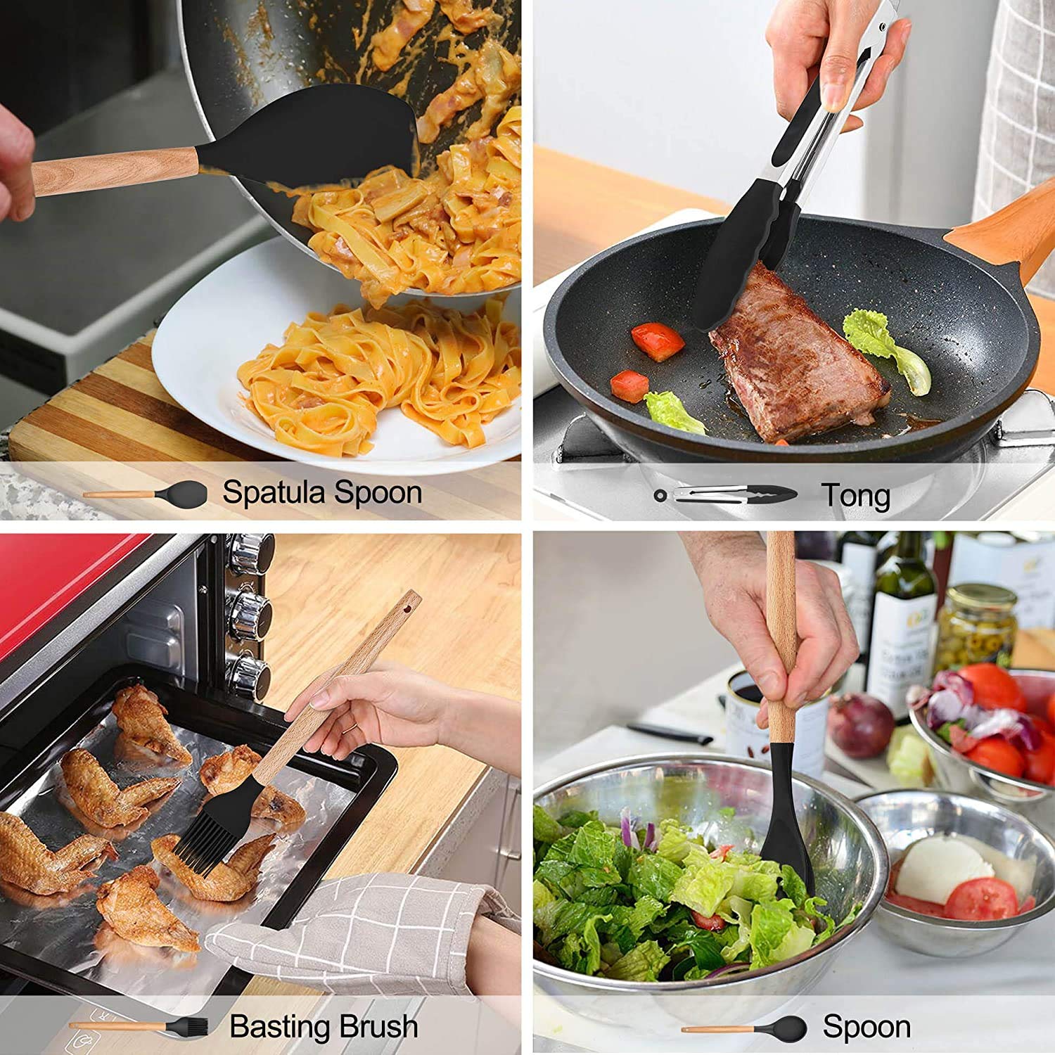Lianyu 15-Piece Kitchen Silicone Cooking Utensils Set With Holder, Wooden Handle Kitchen Tools Include Spatula Tong Slotted Spoo