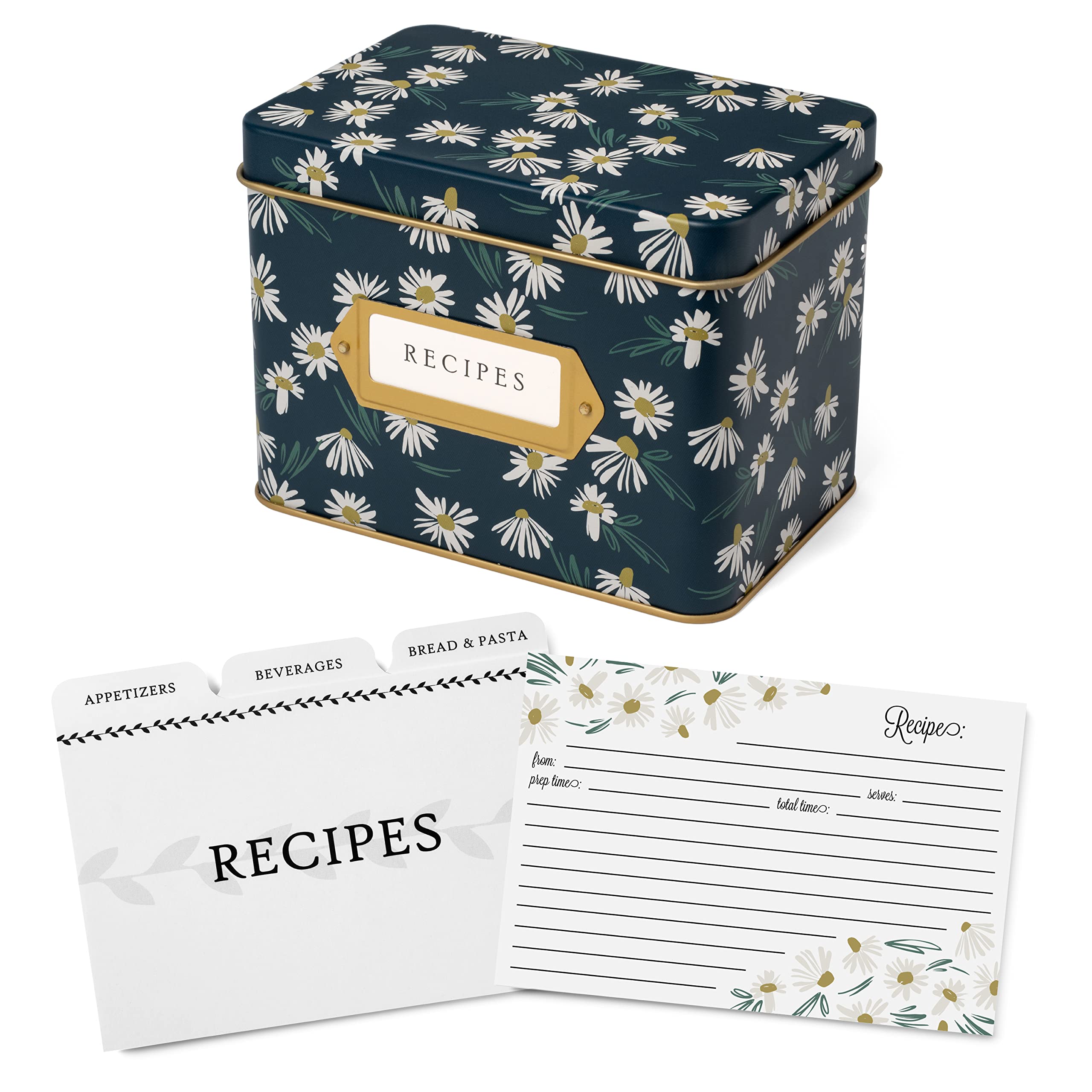 Jot & Mark Decorative Recipe Tin Box For Recipe Cards, Greeting Card Holder 4'' X 6'' (Recipe Box Kit, English Daisies)