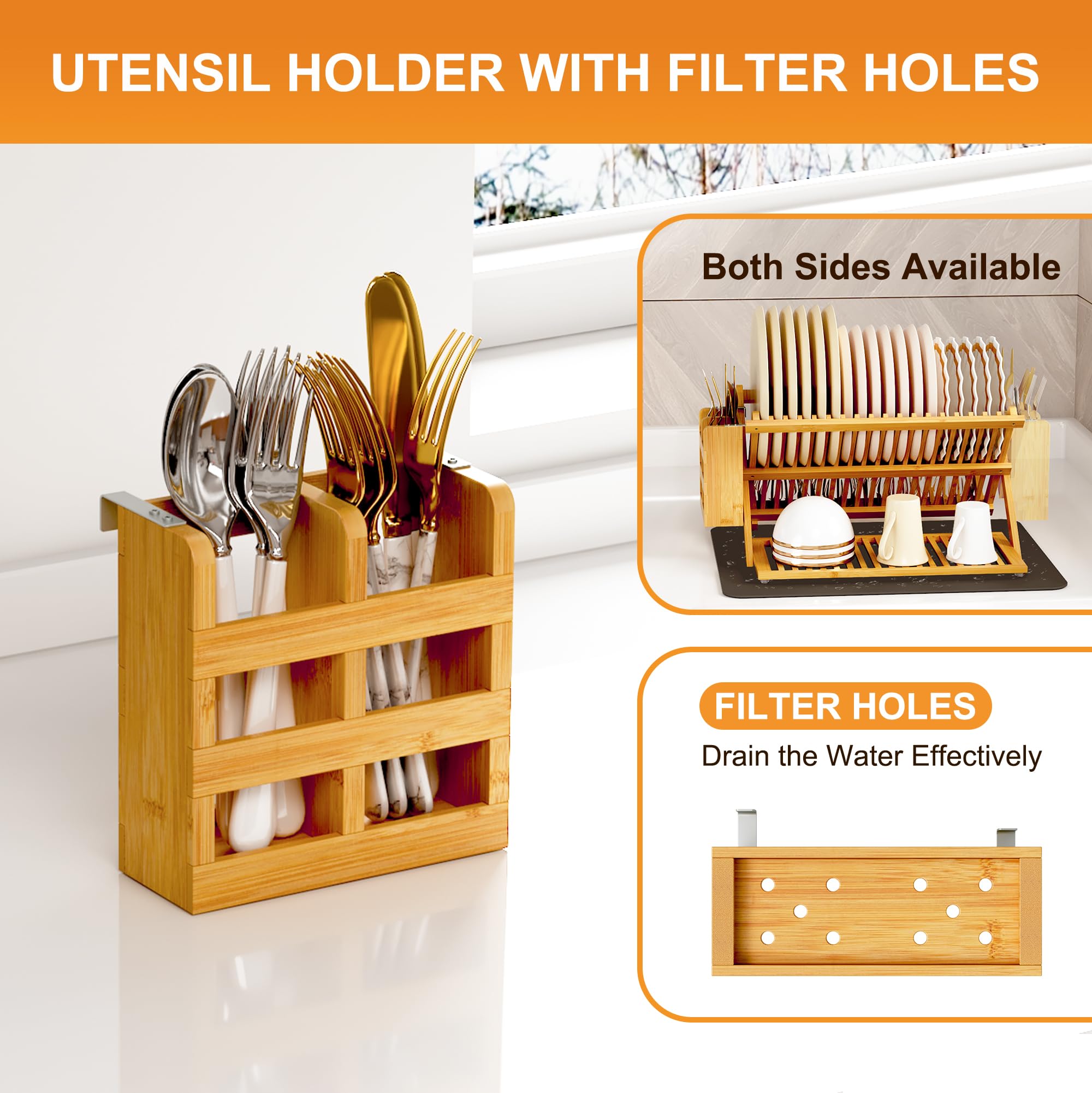 Greenual Bamboo Dish Drying Rack With Utensil Holder, 3 Tier Collapsible Dish Rack, Wooden Dish Racks For Kitchen Counter, Large