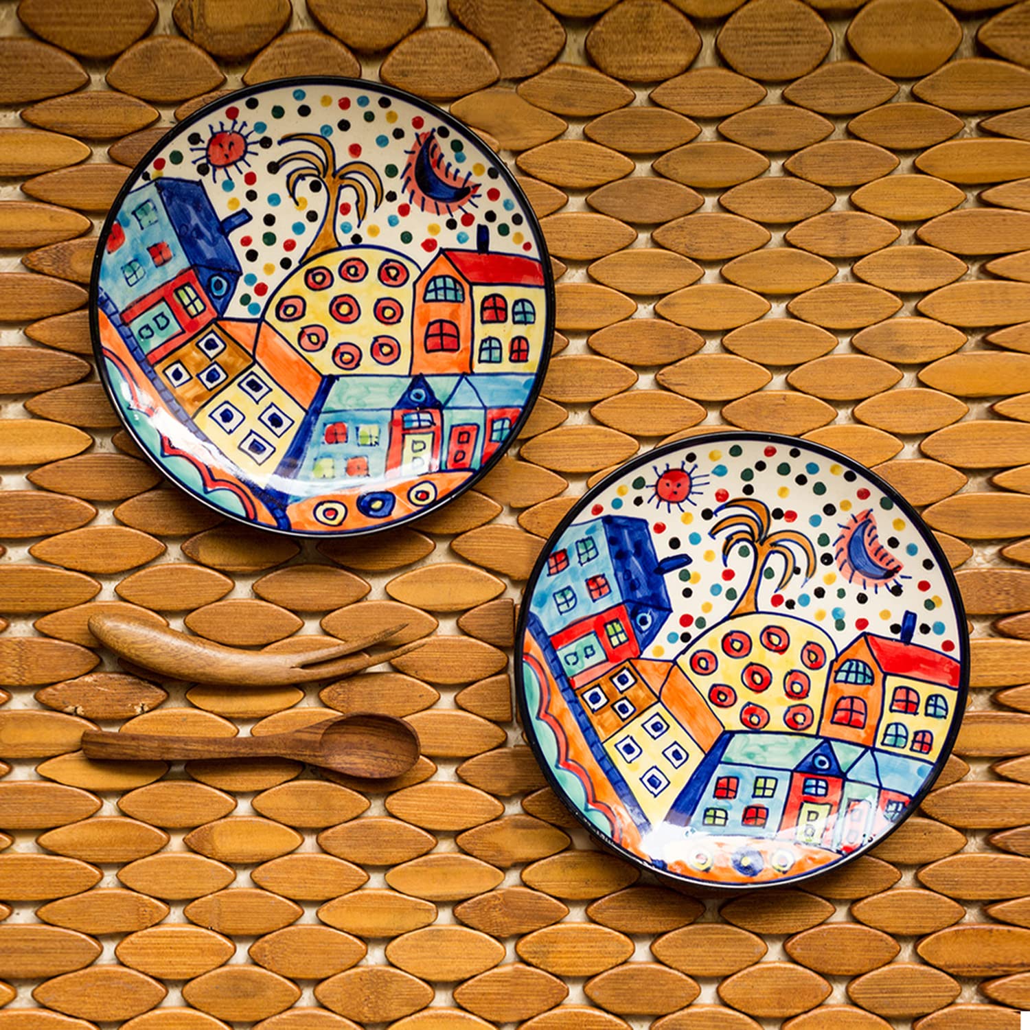 Exclusivelane Hut Handpainted Ceramic Side Plates & Ceramic Plates For Dinner Quarter Plates (2-Pieces, Dishwasher & Microwave S