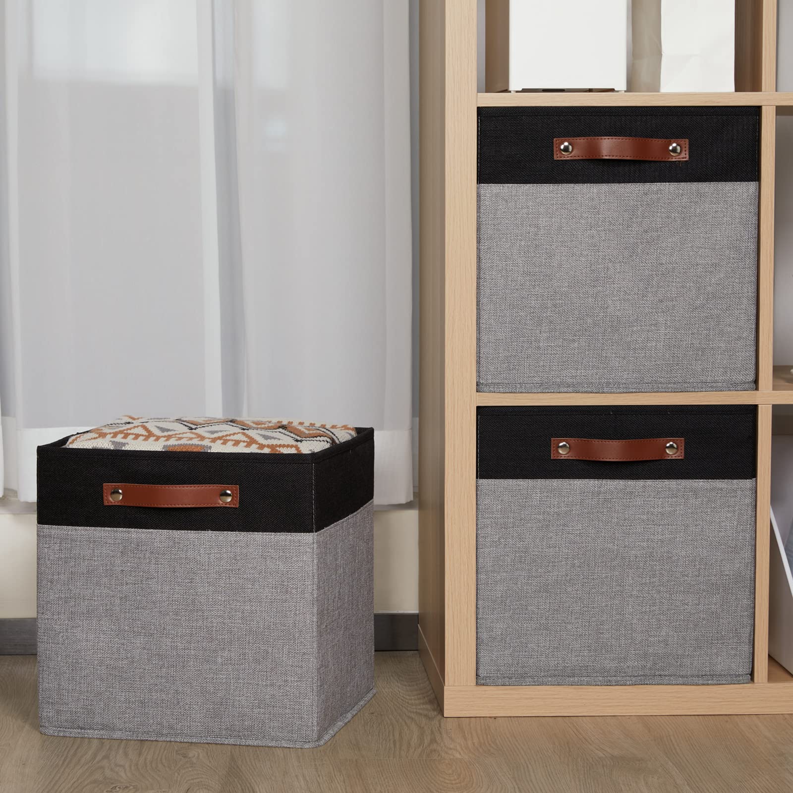 Hnzige Storage Baskets For Organizing, Set Of 4, Square Fabric Storage Cubes Bins 13 X 13, Collapsible Black Storage Bins For Sh