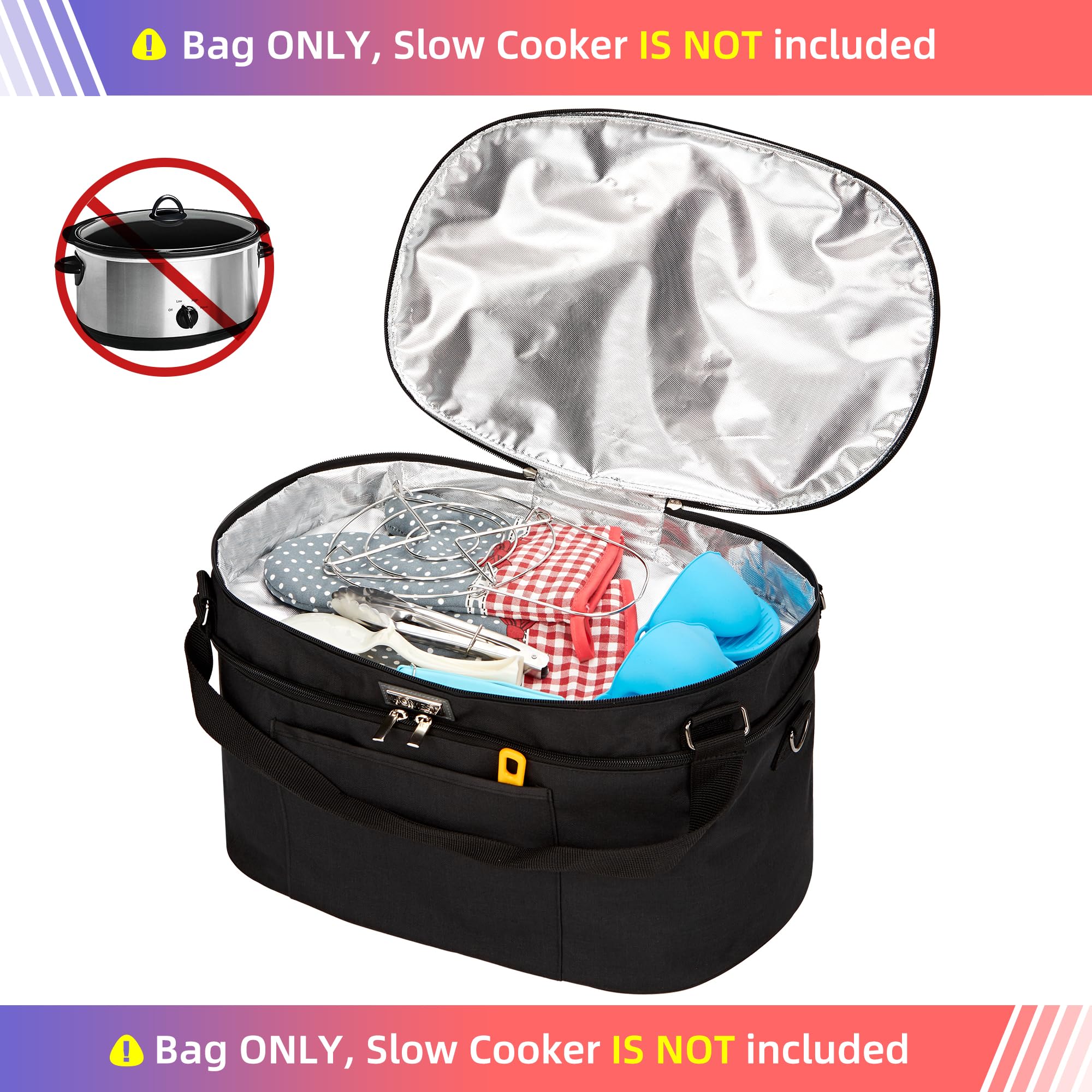 Homest Slow Cooker Bag For Crock-Pot 6-8 Quart, Insulated Travel Carrier With Easy To Clean Lining, Carry Case With Top Zip Comp
