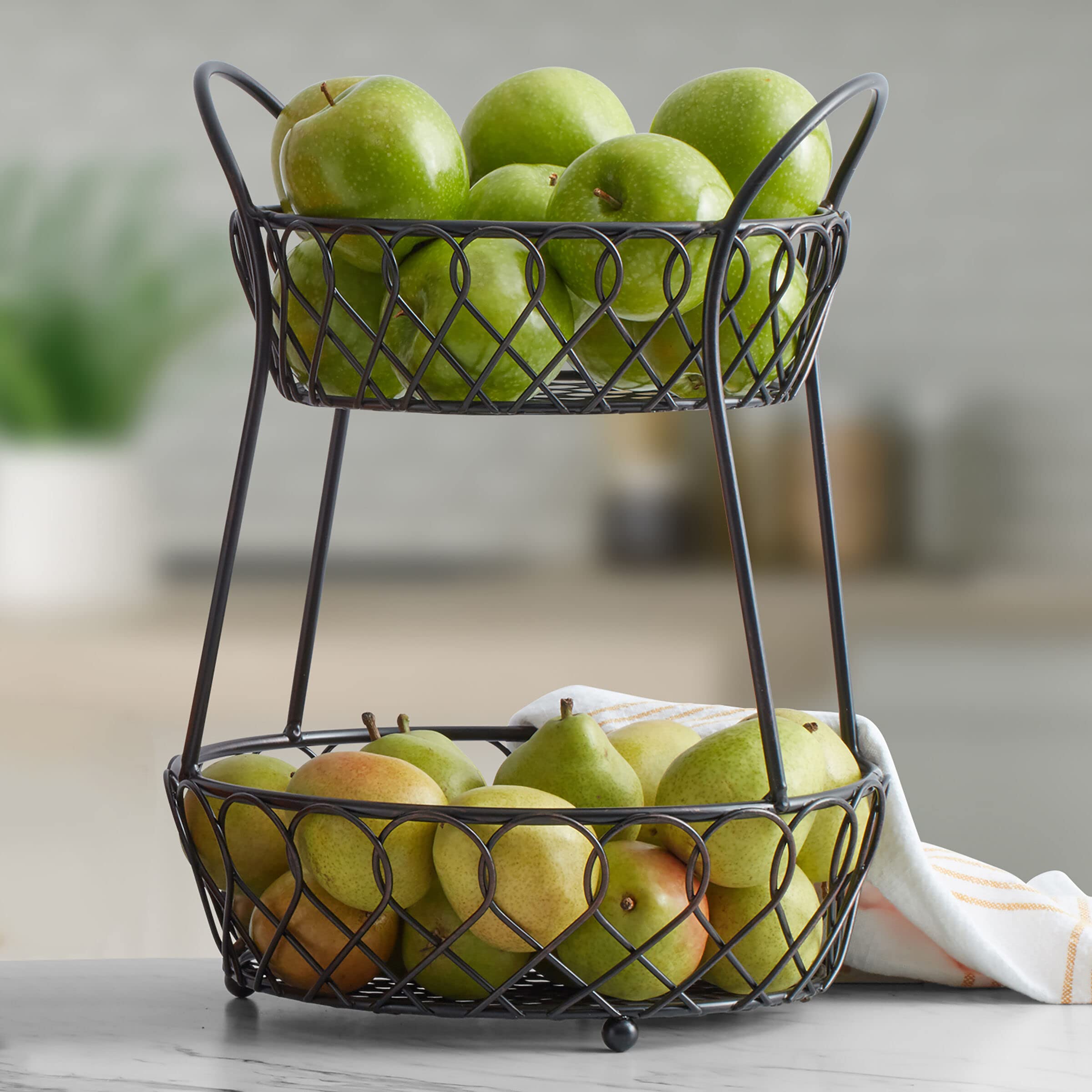Gourmet Basics by Mikasa Loop and Lattice 2 Tier Divided Round Basket  Black