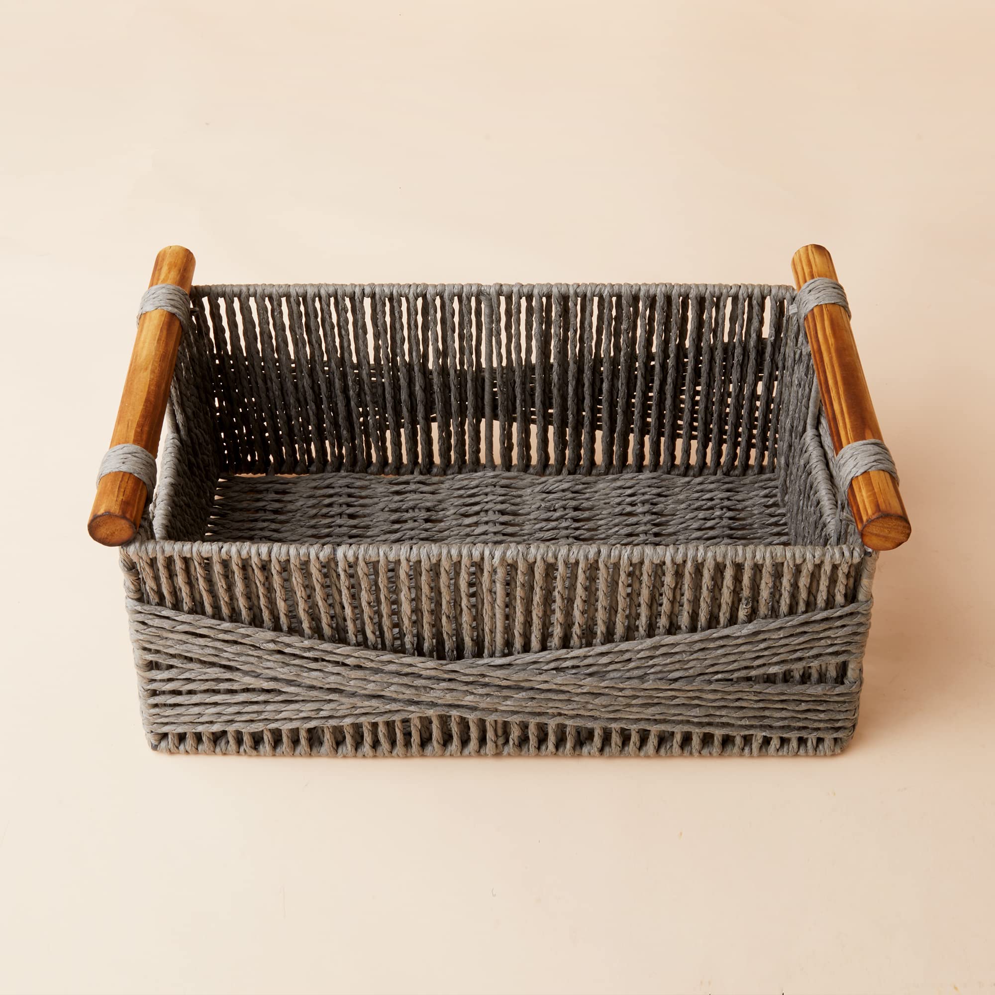 LA JOLIE MUSE Wicker Storage Baskets for Organizing  Recyclable Paper Rope Basket with Wood Handles  Decorative Hand Woven Basket Organizers for Makeup Books Shelves Living Room  Grey  Set of 2