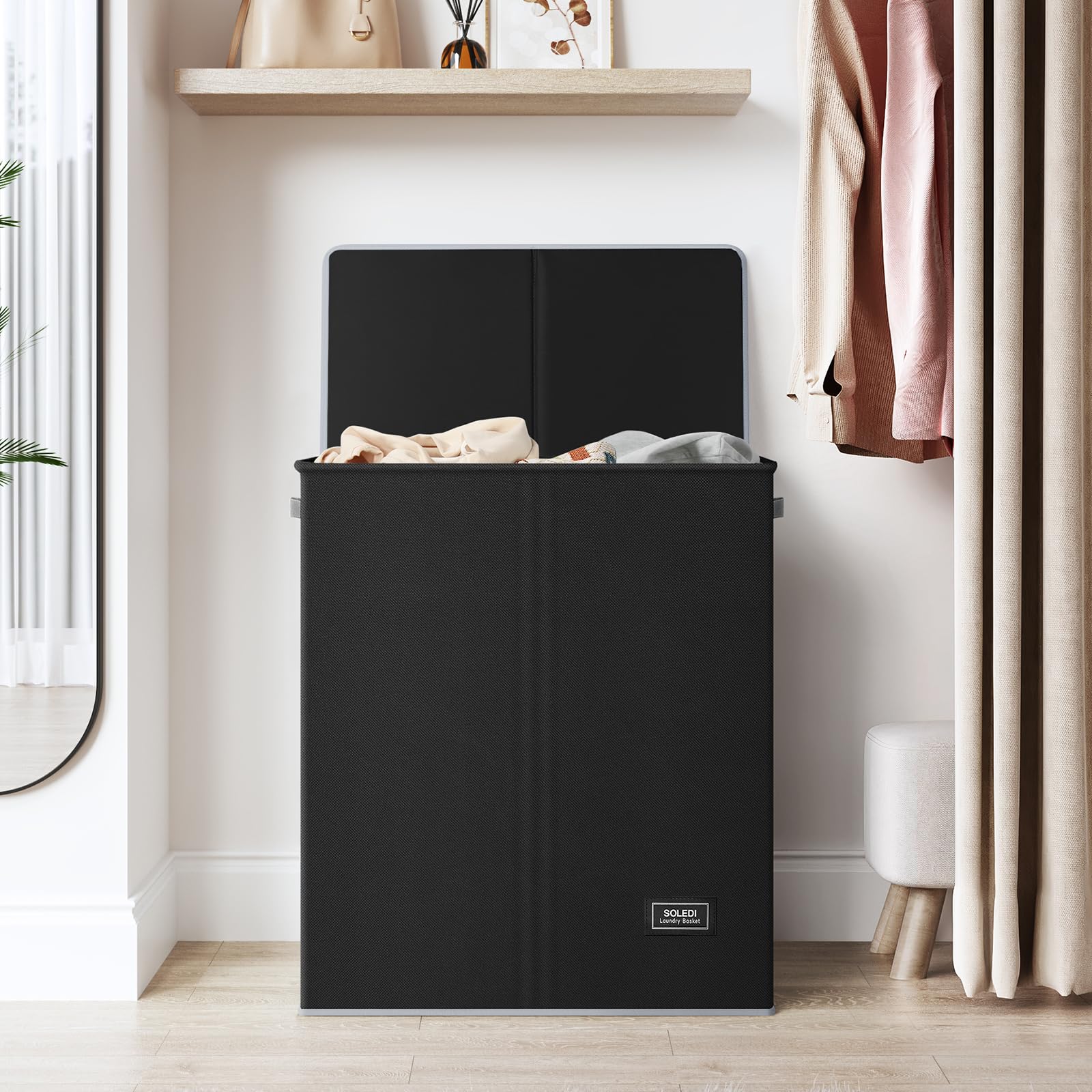 SOLEDI Double Laundry Hamper with Lid and Removable Laundry Bags - Large Dirty Clothes Hamper 2 Section - Collapsible Laundry Baskets for Bedroom  Bathroom  Laundry room  Apartment  Black