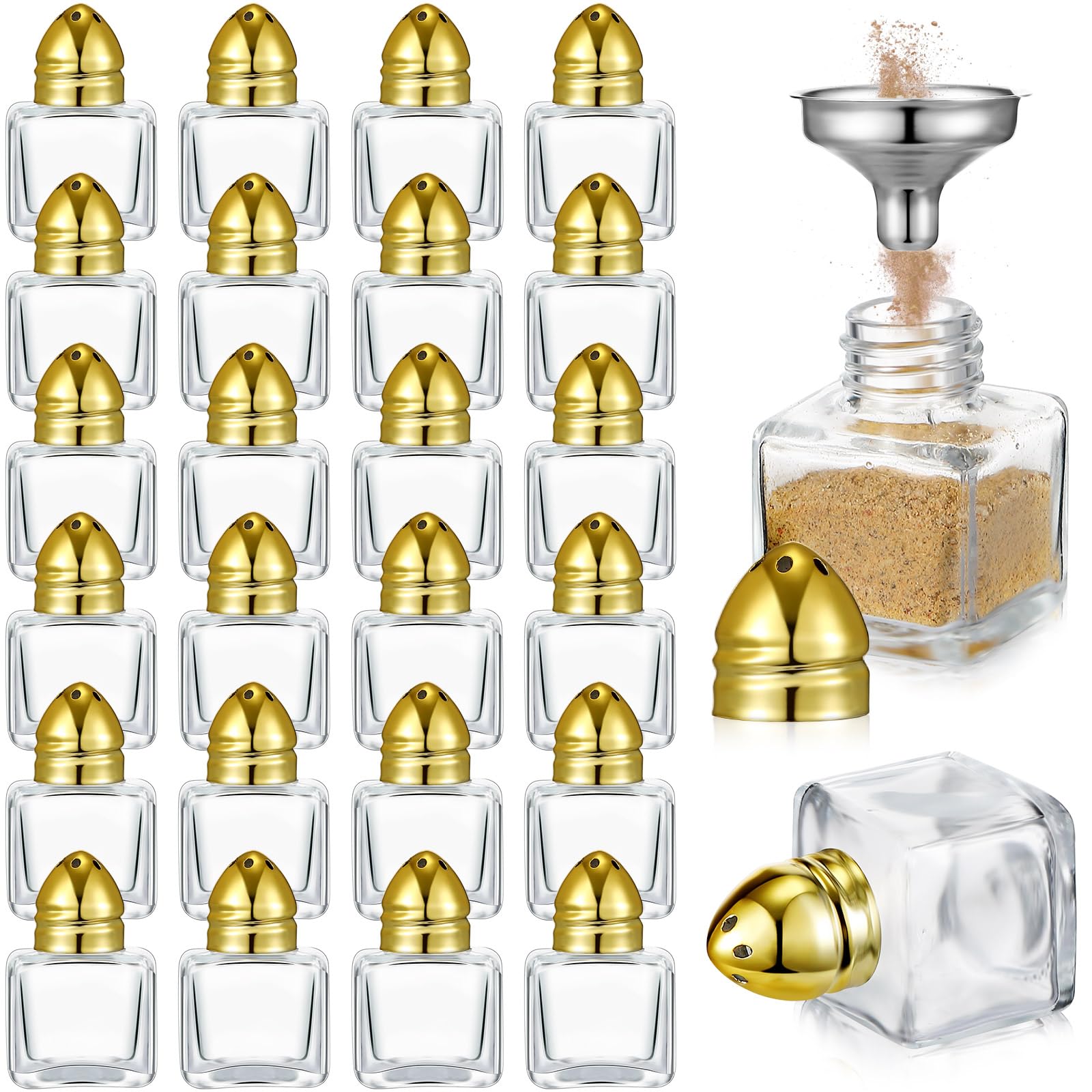 Uiifan 24 Pcs 0.5 oz Cube Shape Small Salt and Pepper Shakers with Tone Tops Clear Mini Glass Seasoning Jars Spice Salt Shakers 