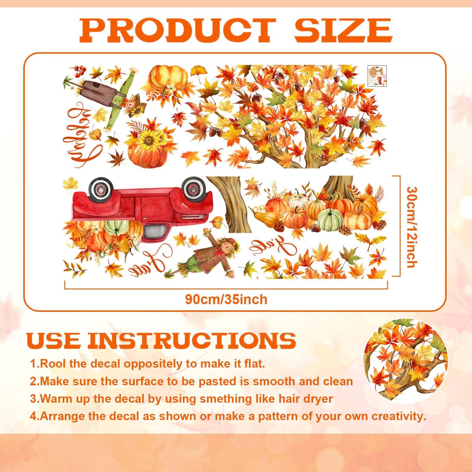 Resurhang Fall Maple Leaves Wall Decals Fall Tree Scarecrow Pumpkin Truck Wall Decor Sticker Thanksgiving Removable Fall Leaves