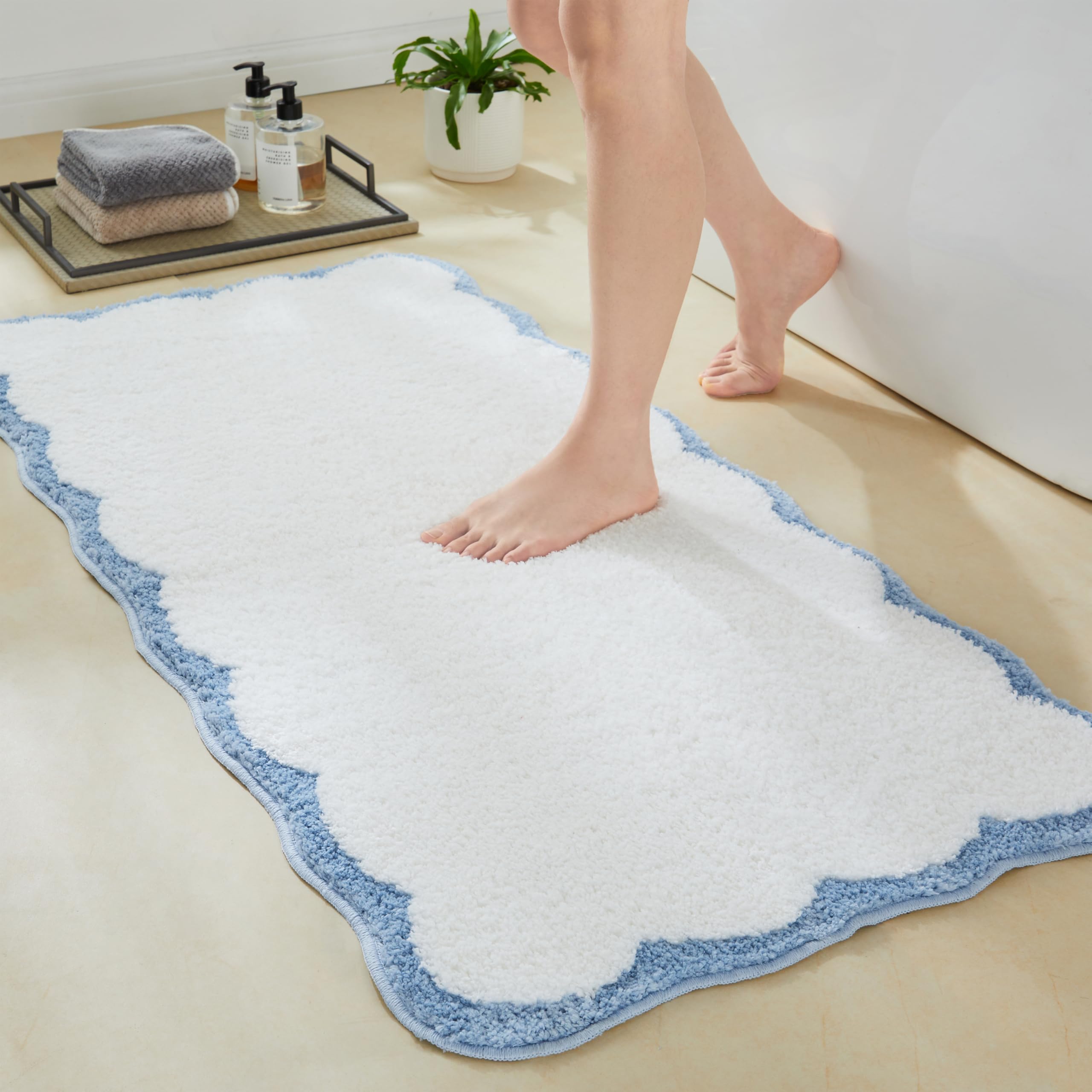 Ohocut Luxury Microfiber Scalloped Runner Rug, Sage Green Scalloped Piping White Long Bathroom Rug Cute Aesthetic Bath Mat For B