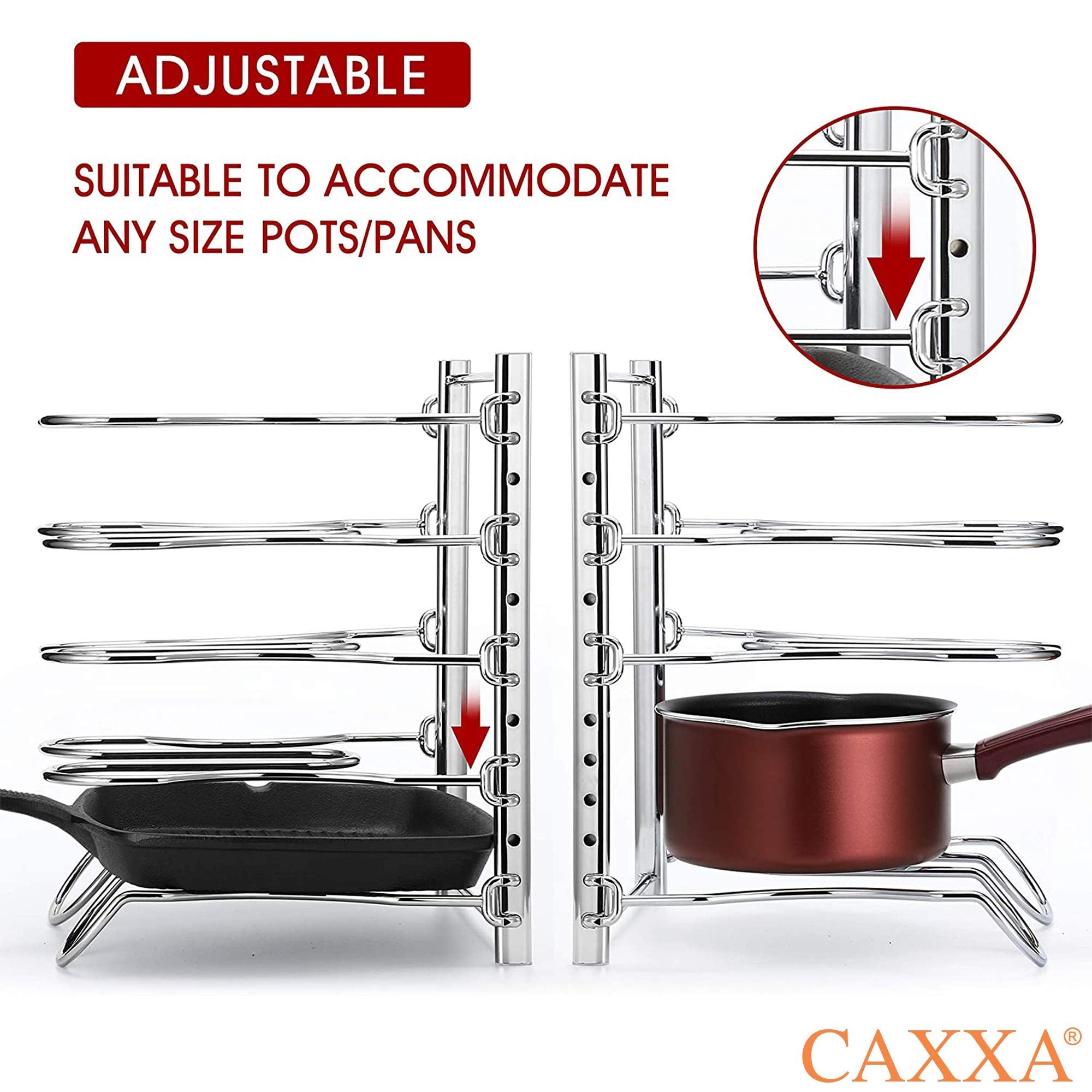 Caxxa Heavy Duty Pan Rack, Pot Lid Rack, Kitchen Cabinet Pantry Cookware Organizer Rack Holder With 5 Adjustable Dividers, Chrom