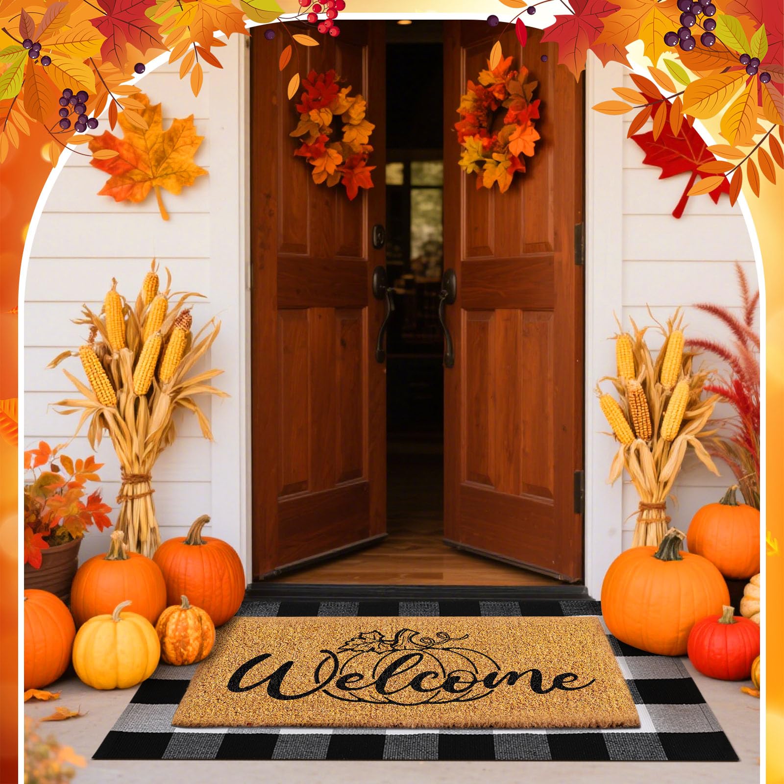 Duraaamo 2Pcs Thanksgiving Coir Door Mat Outdoor Pumpkin Welcome Doormat Fall Layered Buffalo Black and White Checkered Rug Outd