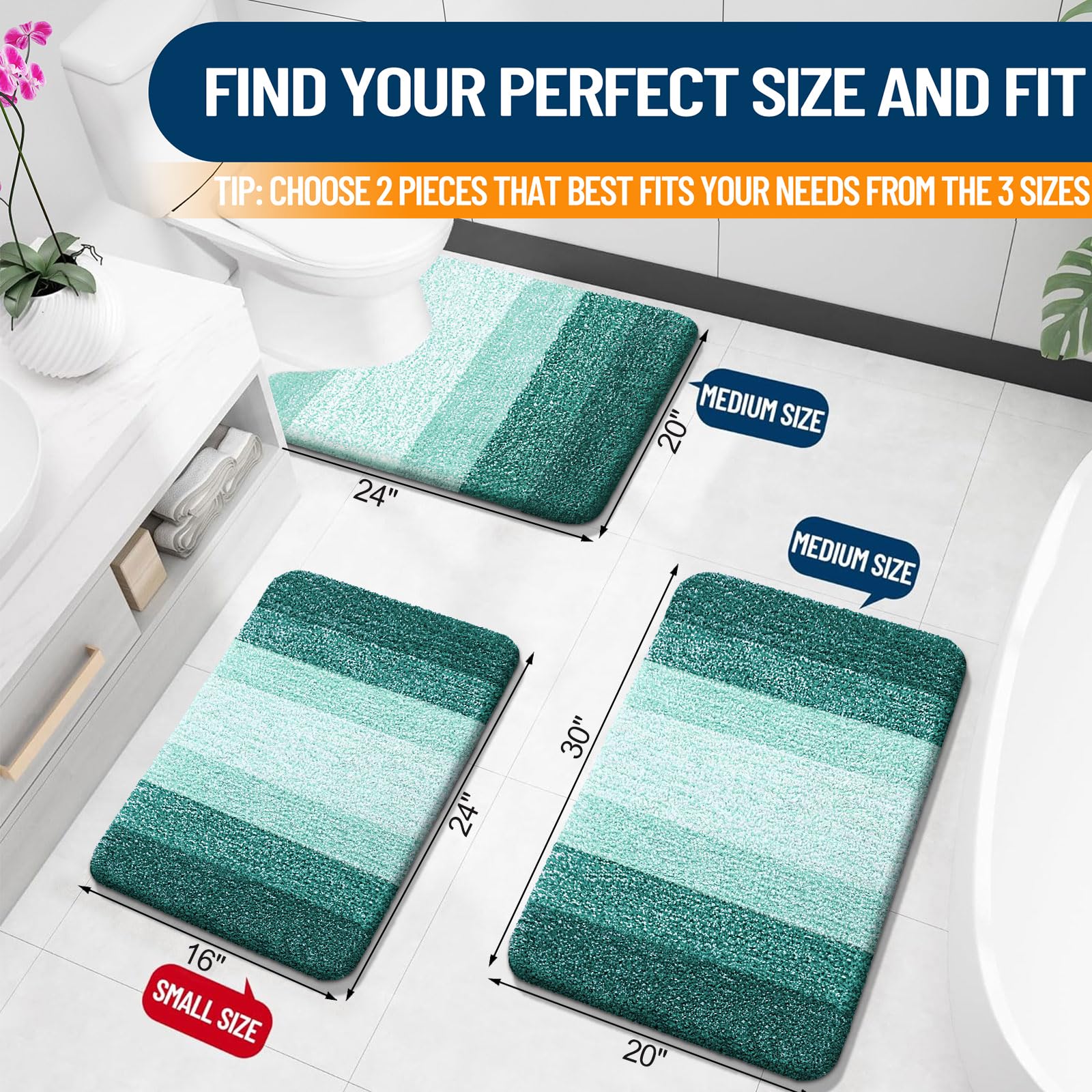 OLANLY Bathroom Rug Set - 2-Piece Microfiber Mats, Non-Slip, Machine Washable, 30"x20" + U Shape 24"x20", Blackish Green