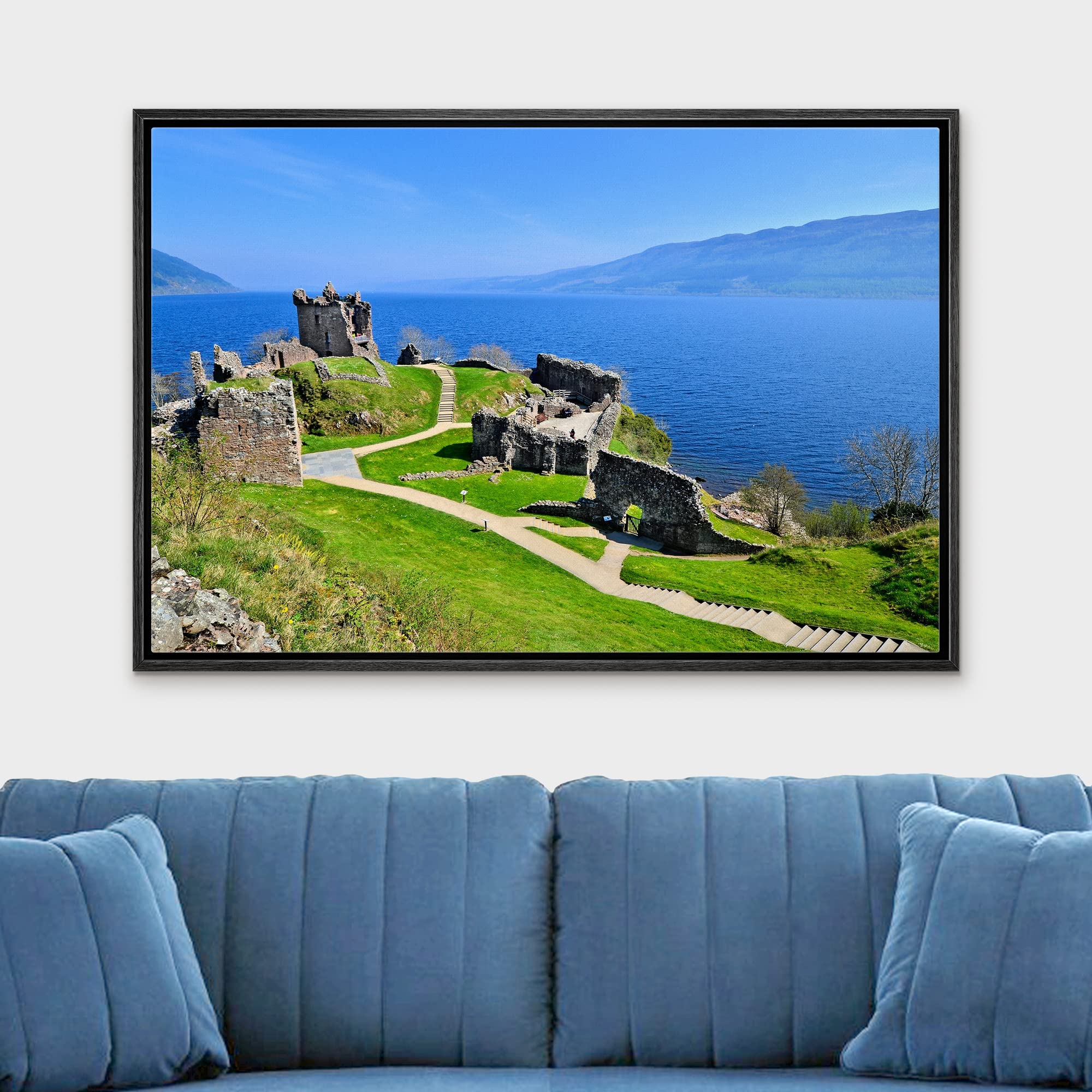 Beautiful Scenery Landscape of Ruins of Urquhart Castle Along Loch Ness Scotland - Framed Canvas Art Wall Art - 16''x24'' Black