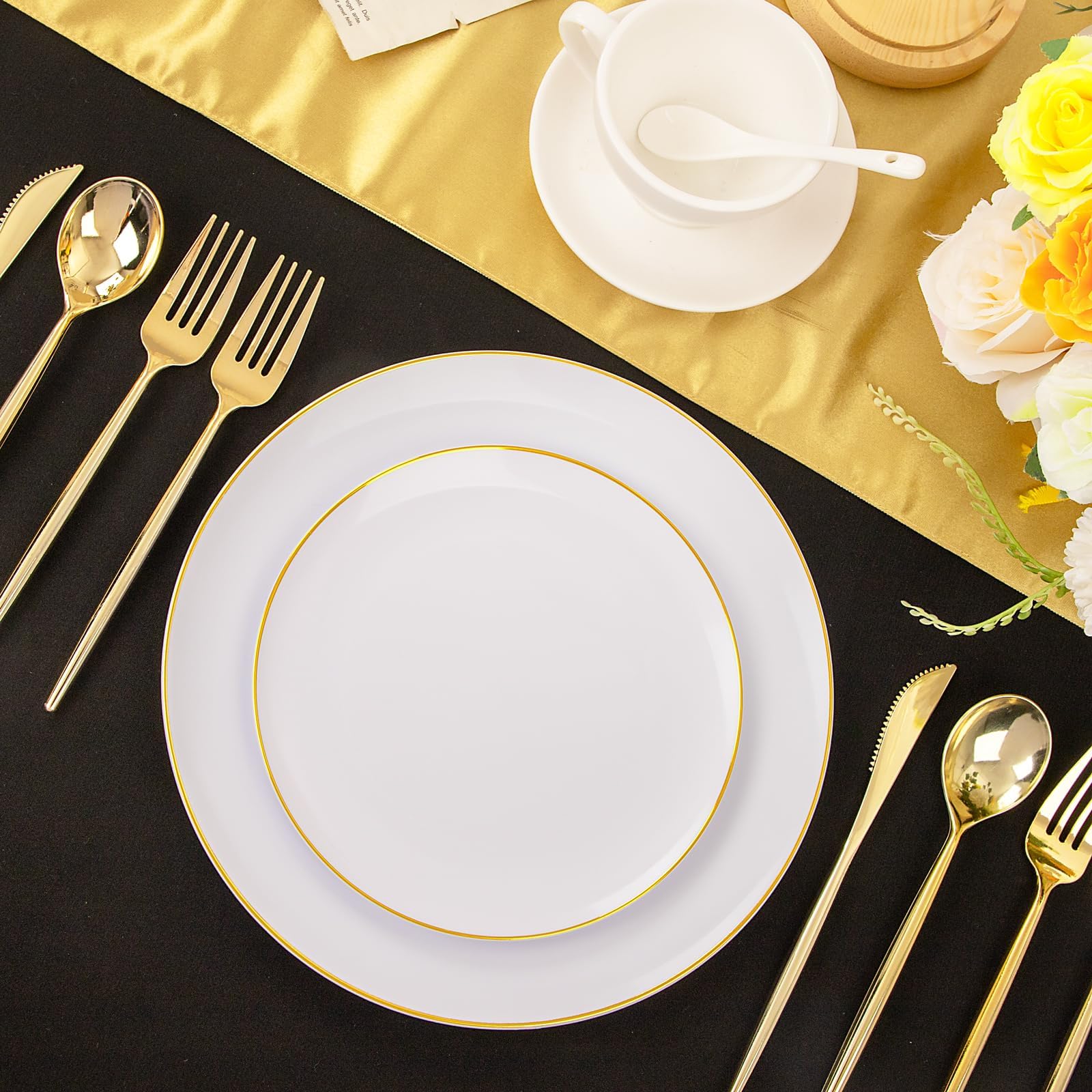 I00000 30 Guests Gold Plastic Plates With Disposable Silverware,Gold Disposable Dinnerware Set Include 30 Dinner Plates,30 Desse