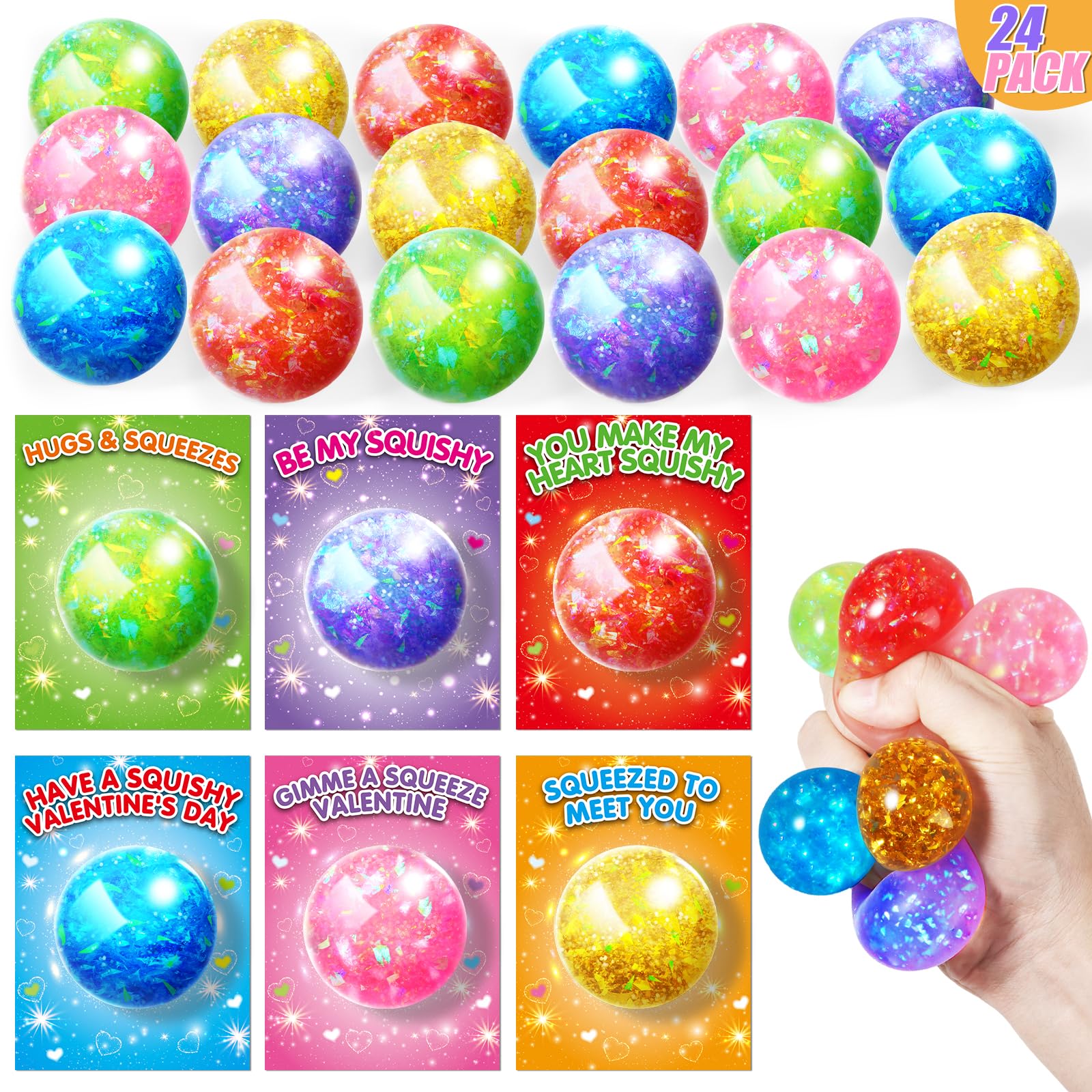 Springflower Valentines Day Cards For Kids, 24 Pack Valentines Party Favors For Kids With Stretchy Balls Toys, Classroom Valenti