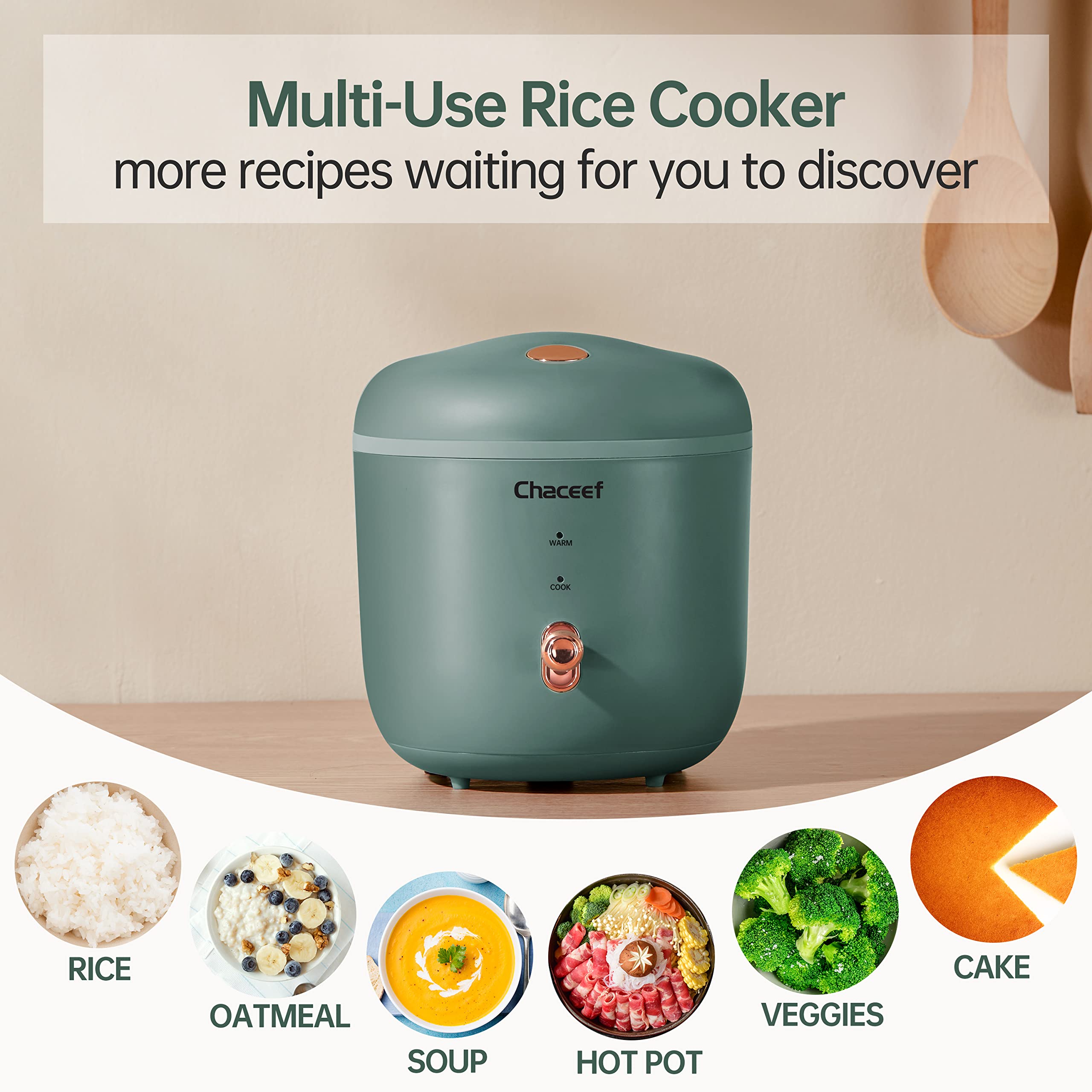 CHACEEF Mini Rice Cooker 2-Cups Uncooked  1.2L Small Rice Cooker with Non-stick Pot  Mini Rice Maker with One Touch & Keep Warm Function  Food Steamer  Green