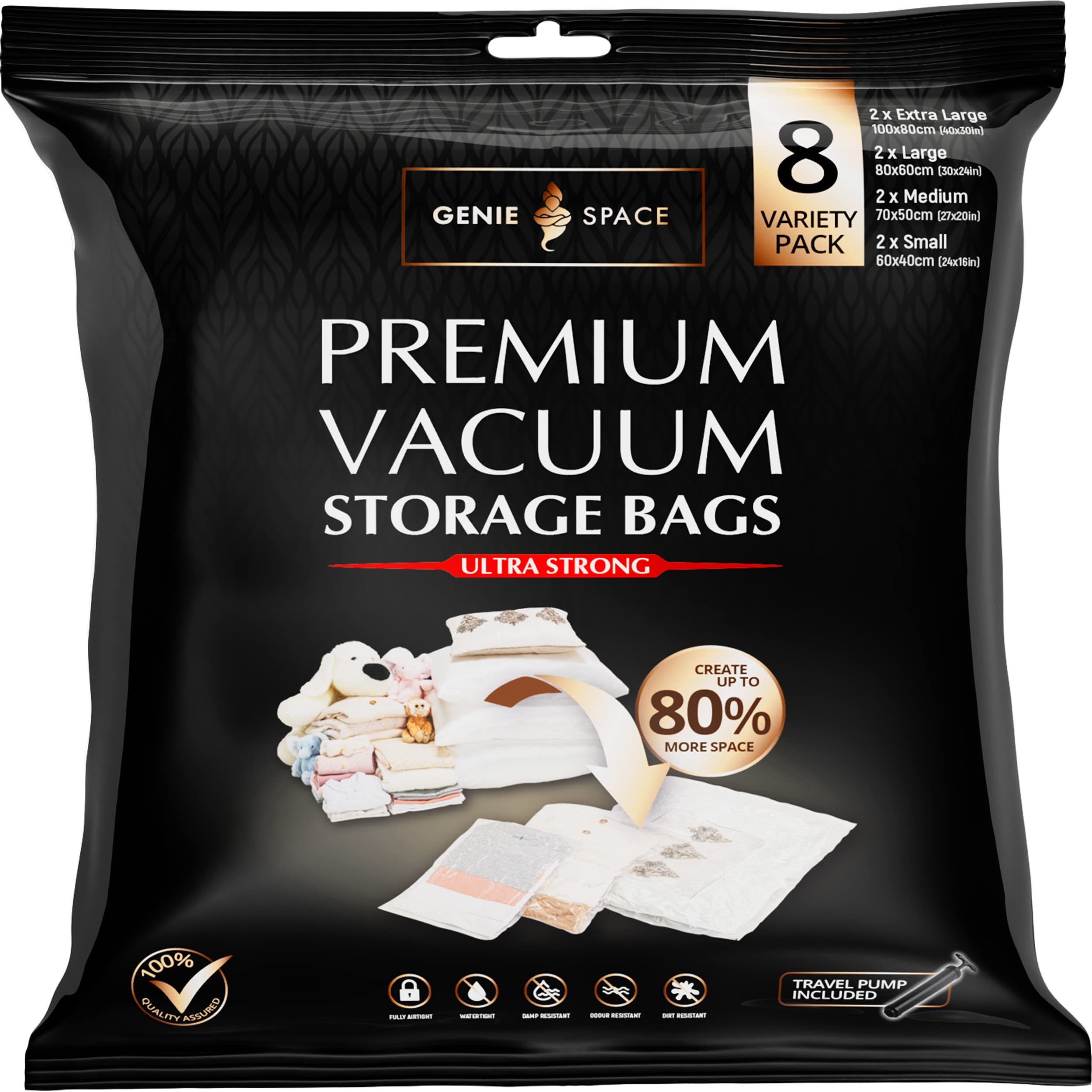 Genie Space - Incredibly Strong Premium Space Saving Vacuum Bags Storage | Variety 8 Pack (2Xl+2L+2M+2S) | Airtight & Reusable |
