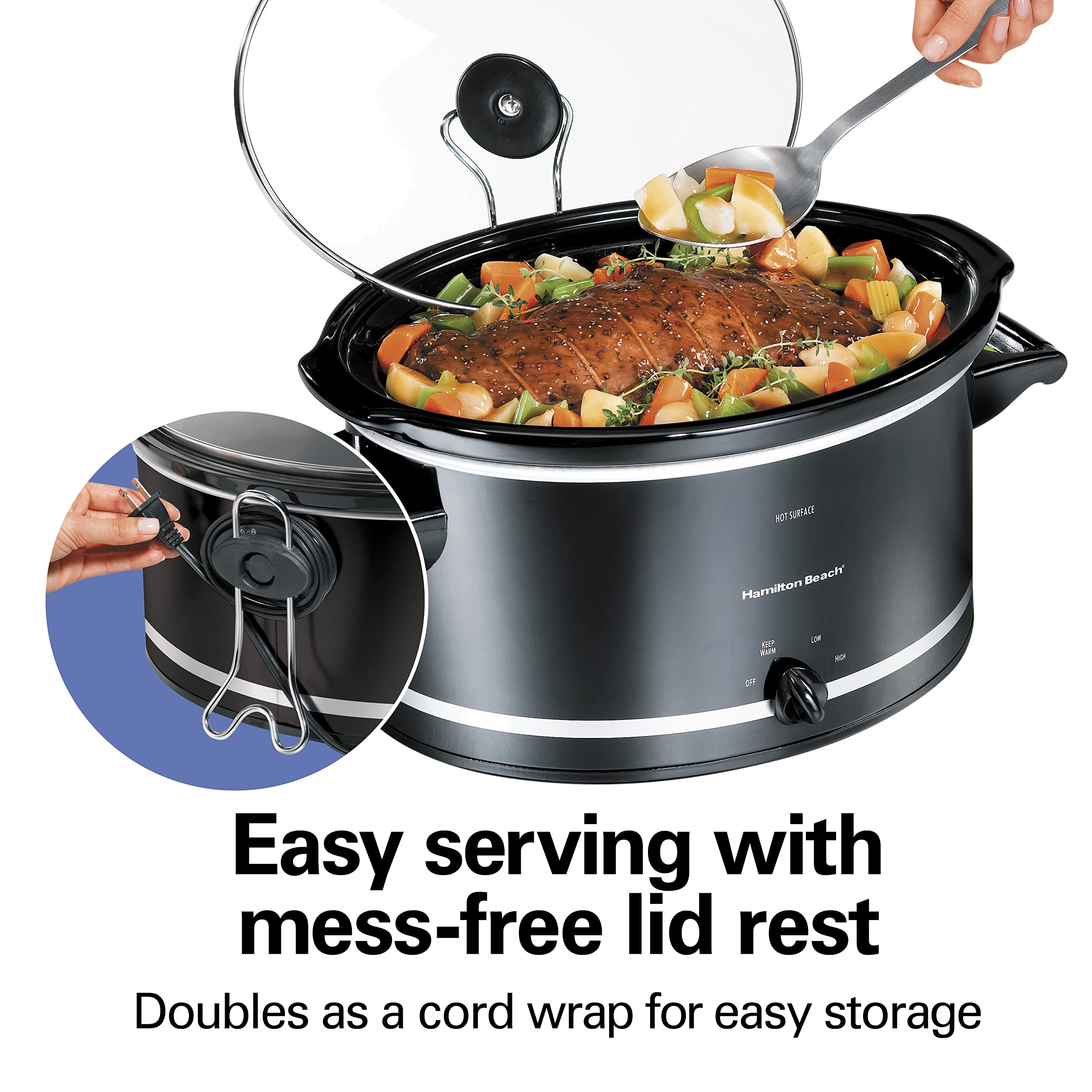 Hamilton Beach Slow Cooker With 3 Cooking Settings, Dishwasher-Safe Stoneware Crock & Glass, 8-Quart Built-In Lid Rest, Black
