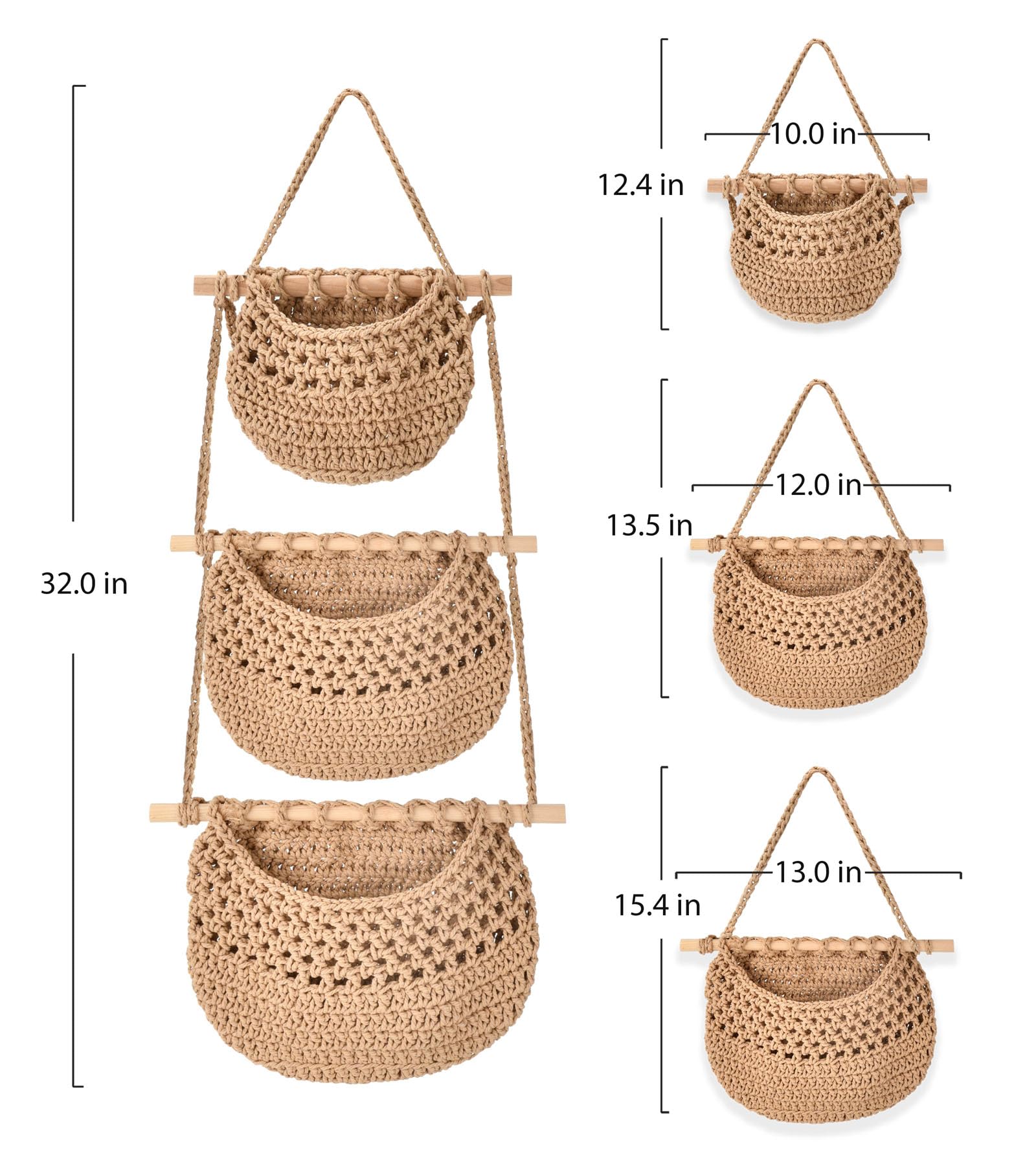 S Syxspecial 3 Tier Hanging Baskets For Organizing, Woven Jute Wall Fruit Basket, Hanging Storage Basket For Child Toys, Boho Wa