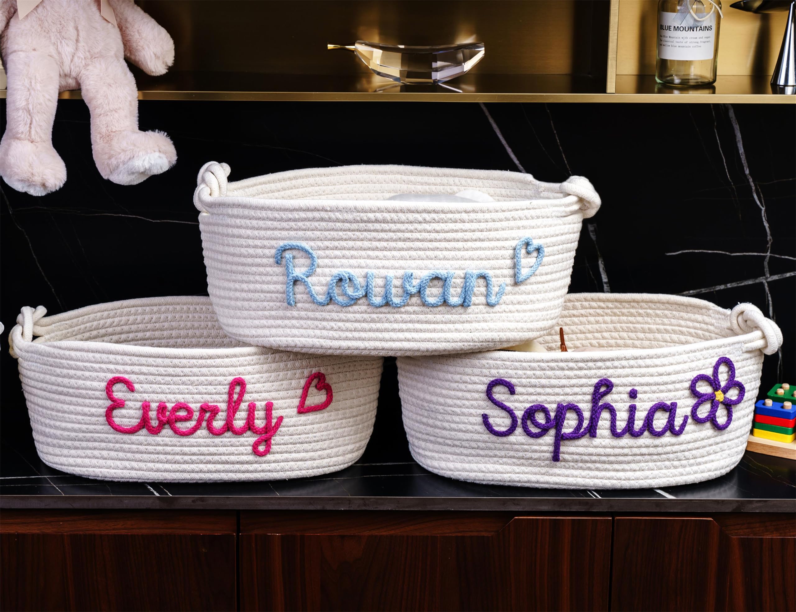 JUPPE Personalized Baby Show Gift Basket with Name, Kids Toys Storage Bag Children Organizer Box Baby Boy Girl Cotton Rope Baske