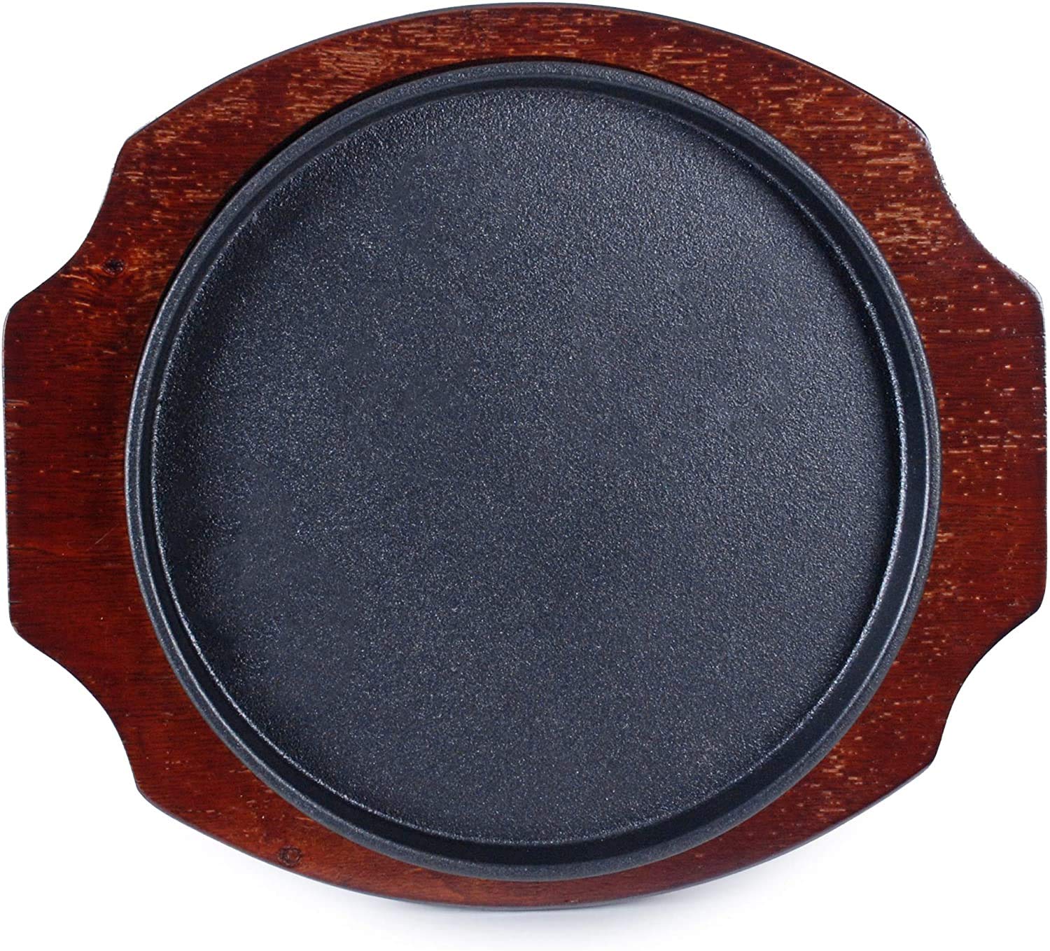 Happy Sales Hsgrd-Rnd95, Large Cast Iron Steak Plate Sizzle Griddle With Wooden Base Steak Pan Grill Fajita Server Plate Househo