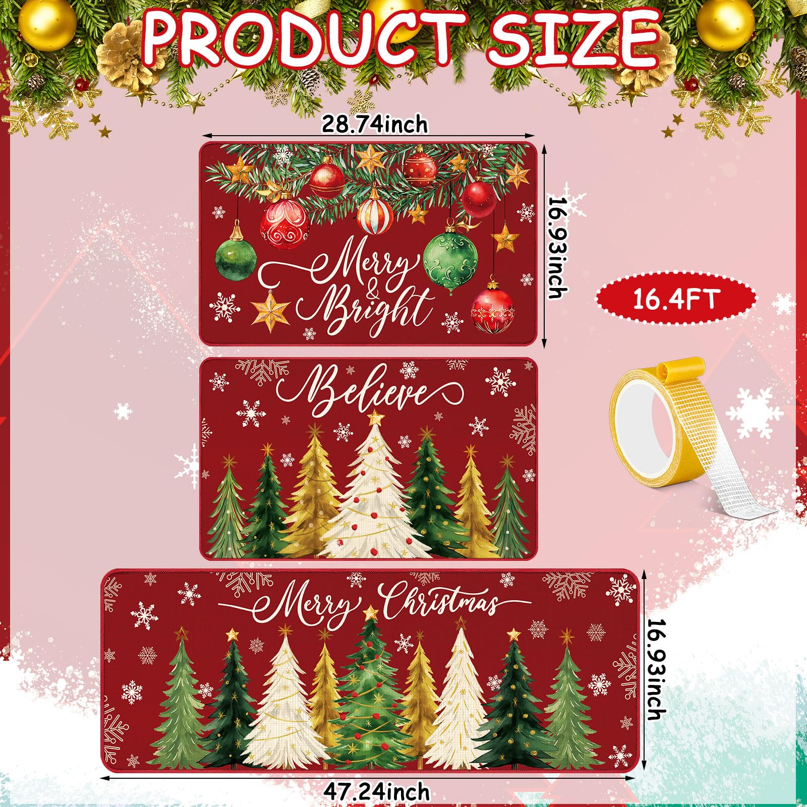 Drydiet 3 Pcs Christmas Kitchen Rug and Mat Set Washable Red Xmas Tree Kitchen Floor Mats Waterproof Non Slip Farmhouse Merry Ch