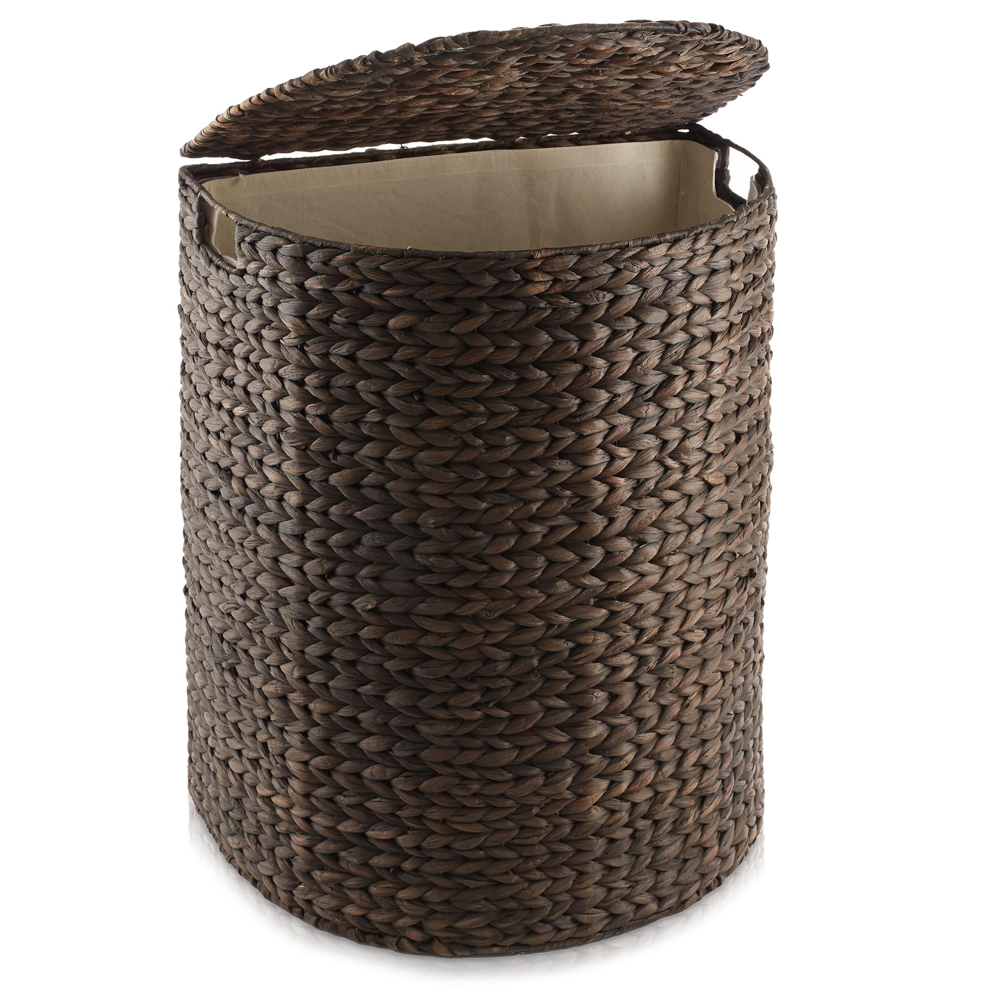Casafield Half Moon Laundry Hamper with Lid and Removable Liner Bag - Espresso, Woven Water Hyacinth Laundry Basket for Clothes 