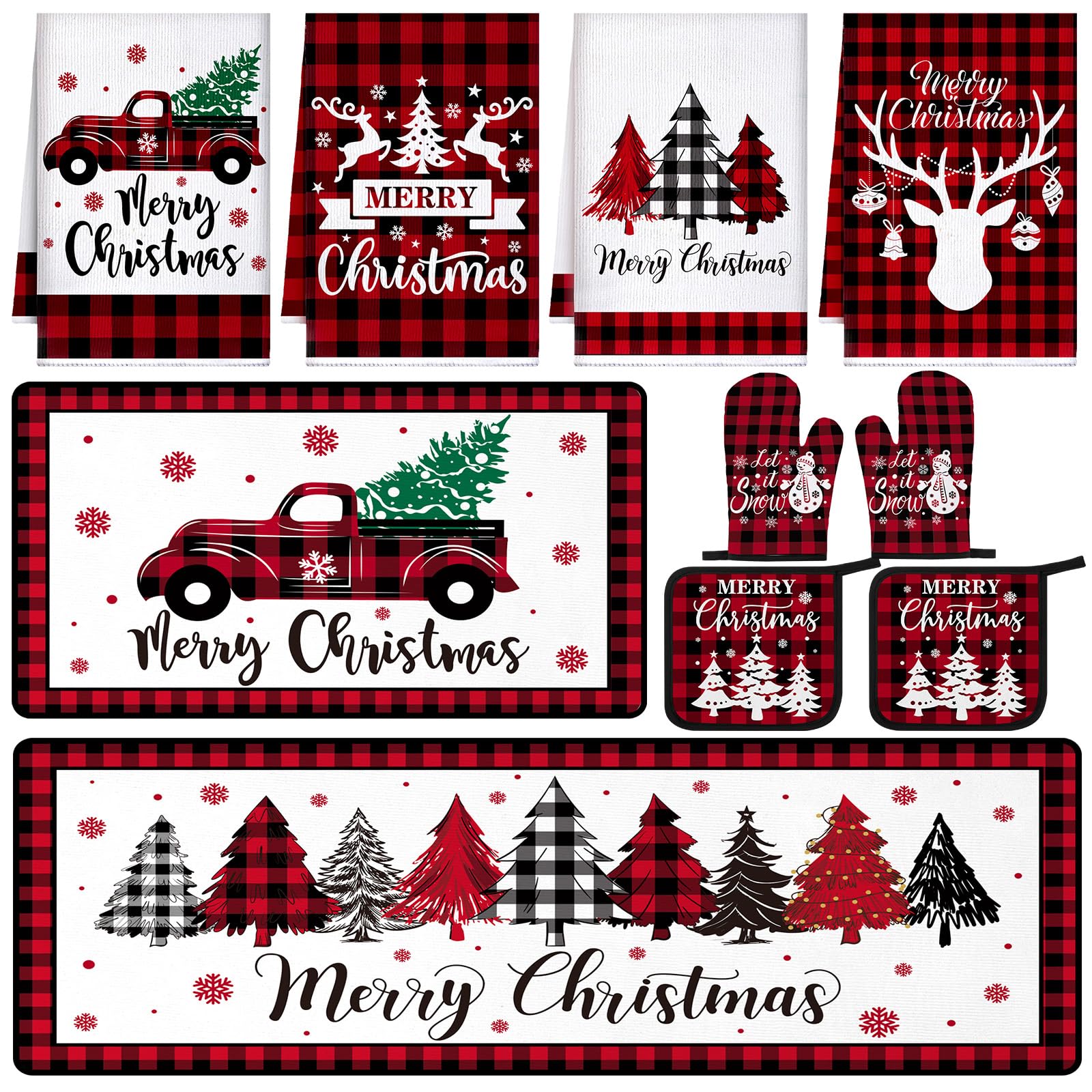 Fourluoo 10 Pcs Christmas Checkered Kitchen Dish Towels Rugs Oven Mitts and Pot Holders Set Farmhouse Kitchen Decor Set for Wome