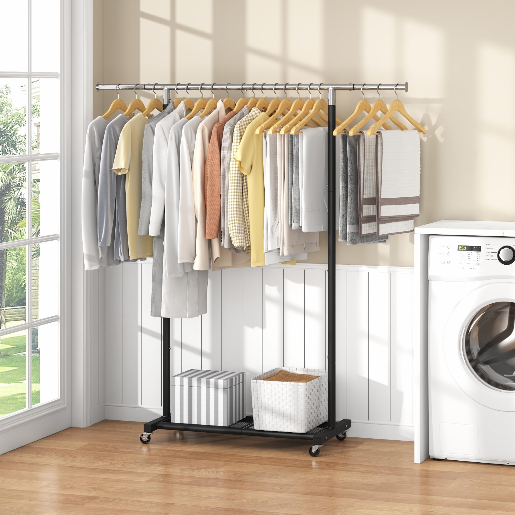 Jiuyotree Rolling Clothes Rack With Dense Mesh Storage Shelf Clothing Garment Rack With Wheels Width Adjustable Clothing Organiz