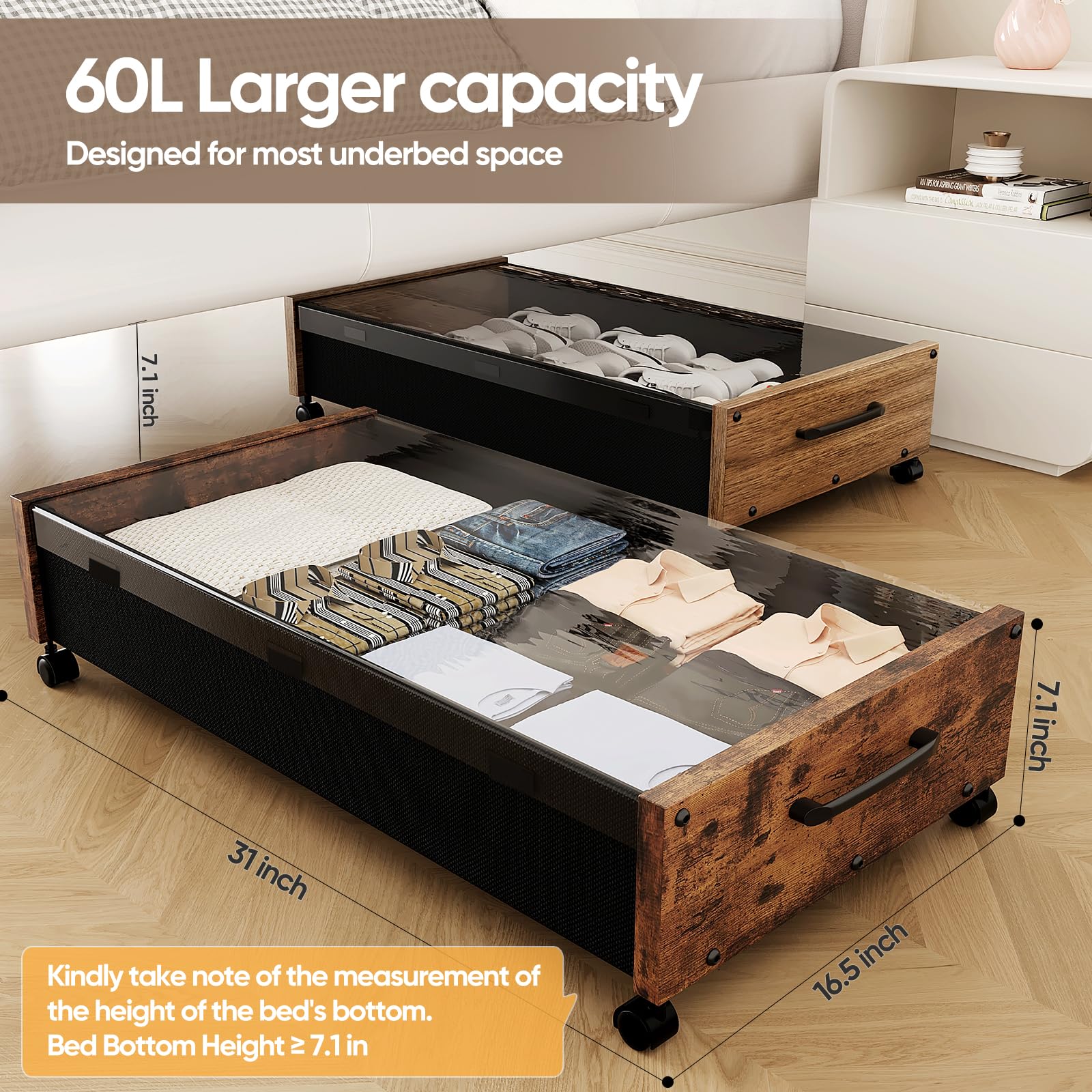 KITHELP Under Bed Storage with Wheels, Under Bed Shoe Storage, Under the Bed Storage Drawers with Remove Window, Extra Large Rol