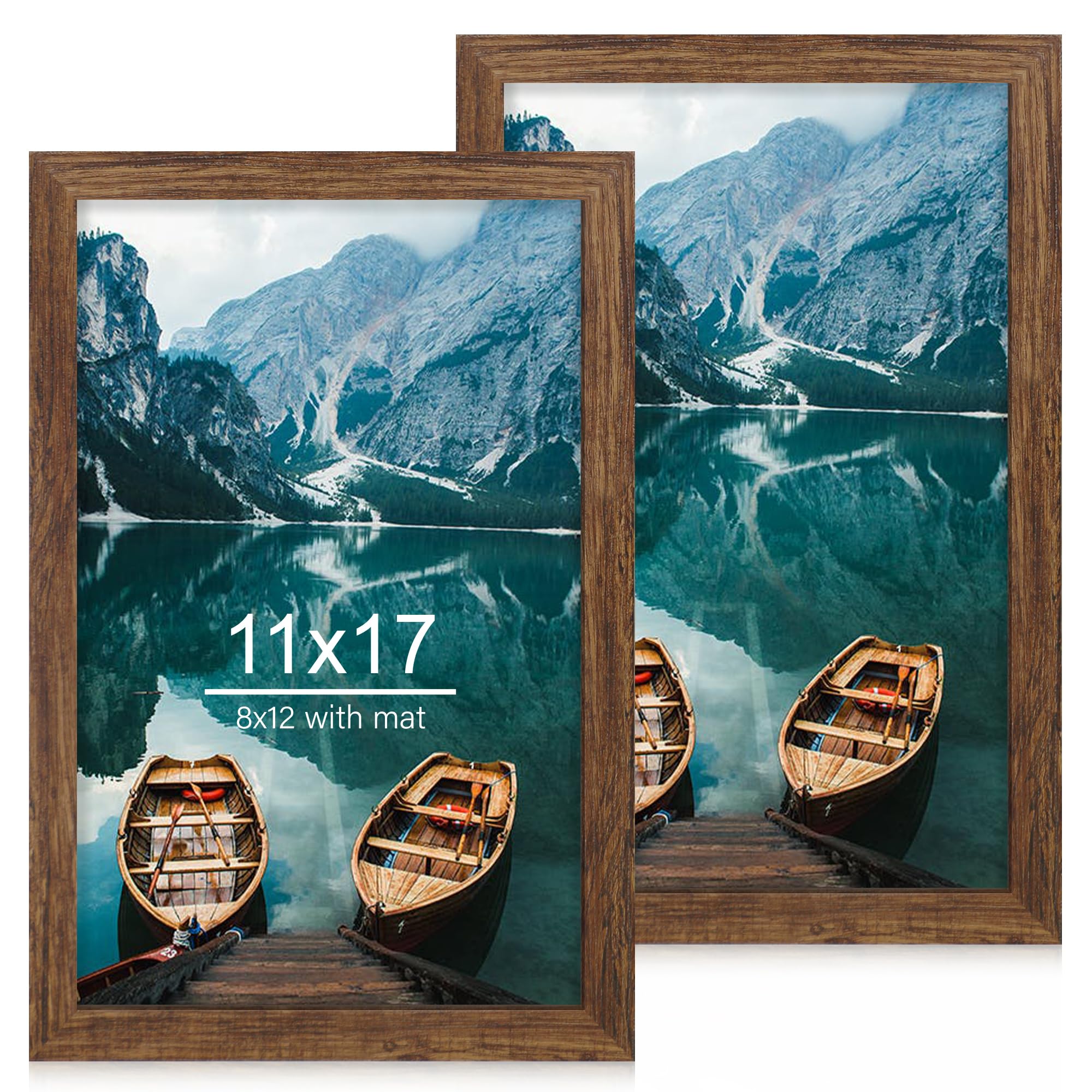 Hongkee 11x17 Frame Set of 2, Rustic Brown Wood Style - Display 11 x 17 Poster without Mat or 8x12 Picture with Mat, Wall Mounti