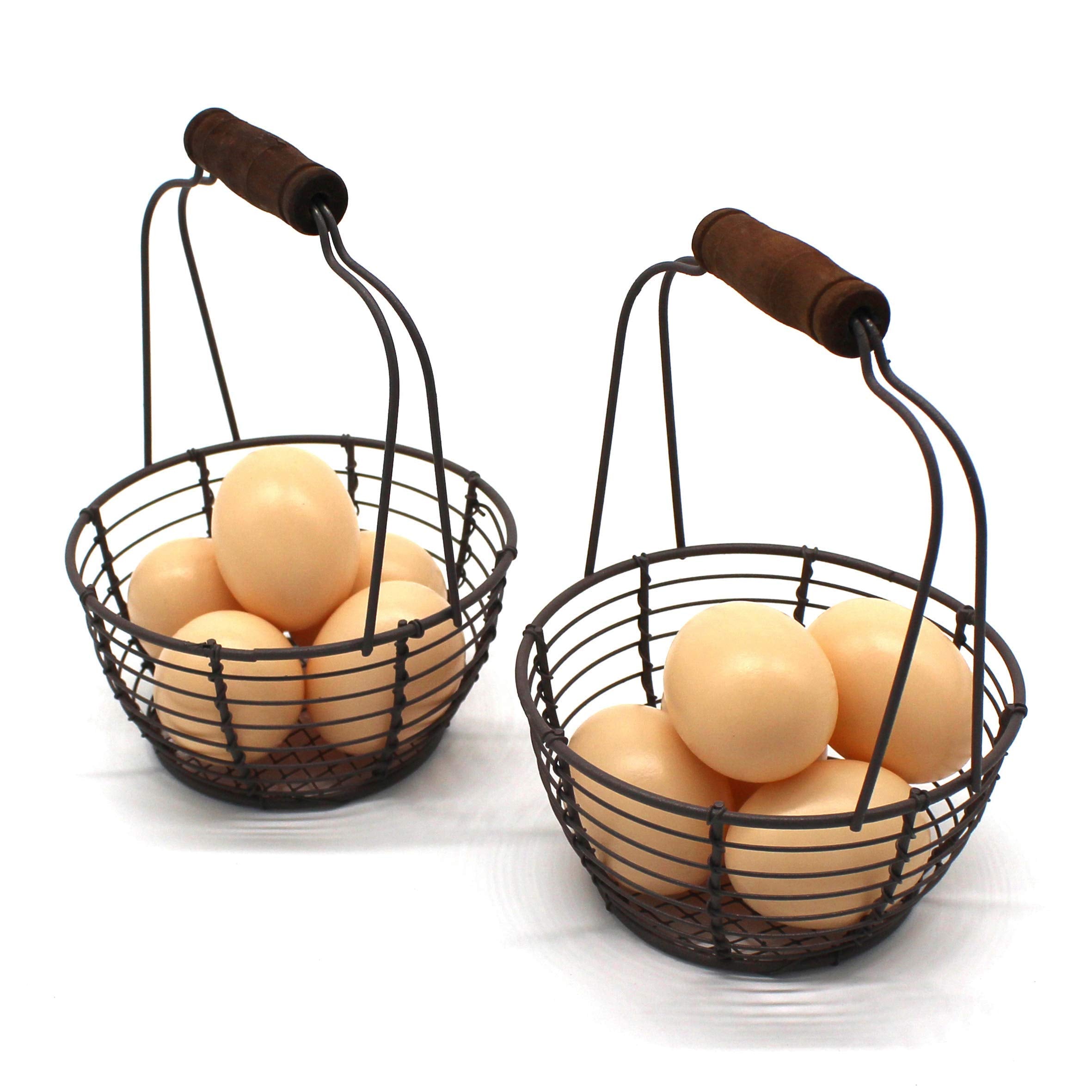 Cvhomedeco. Metal Wire Mini Egg Baskets Rust Gathering Baskets With Wooden Handle Country Vintage Style Storage Baskets. Set Of