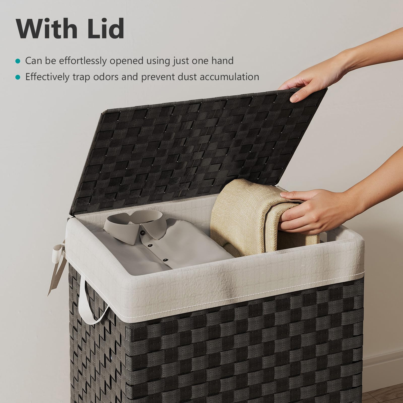 Fiona's magic Laundry Hamper Basket with Lid  Handwoven 90L Large Clothes Hamper with Removable Liner Bags  Collapsible Black Tall Hamper for Bathroom  Bedroom and Dorm Room Organizer