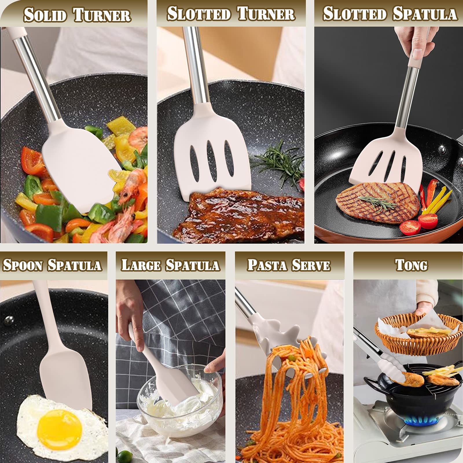 Umite Chef Silicone Kitchen Utensil Set, 43 pcs Non-stick Heat Resistant Spatulas, Small, Khaki, Stainless Steel Handles