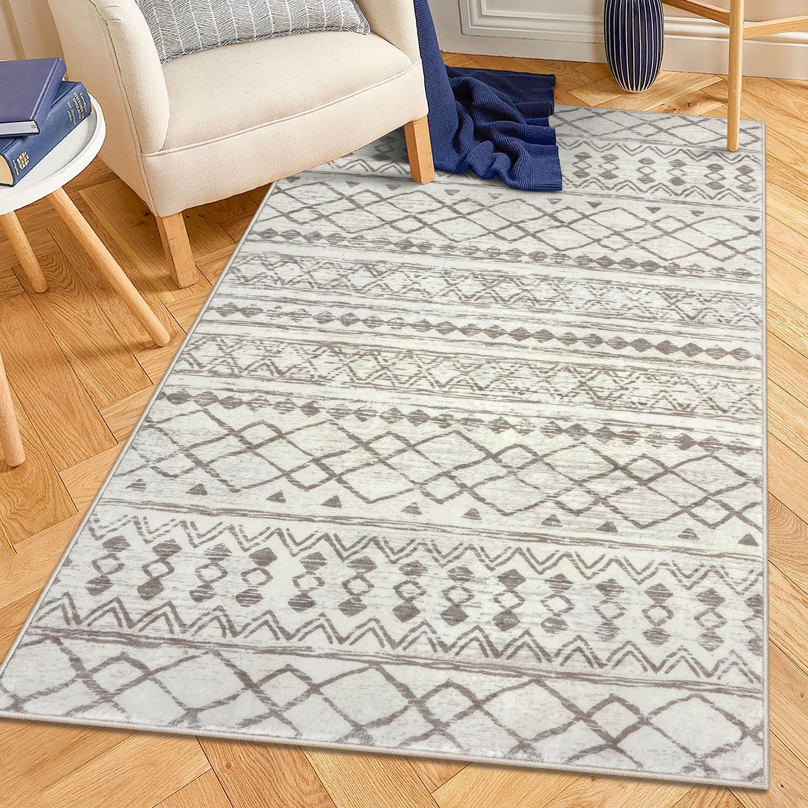 KUTA 3x5 Beige Boho Area Rug for Living Room, Moroccan Washable Kitchen Rugs Non Slip, Ultra Soft Print Distressed Geometric Ent