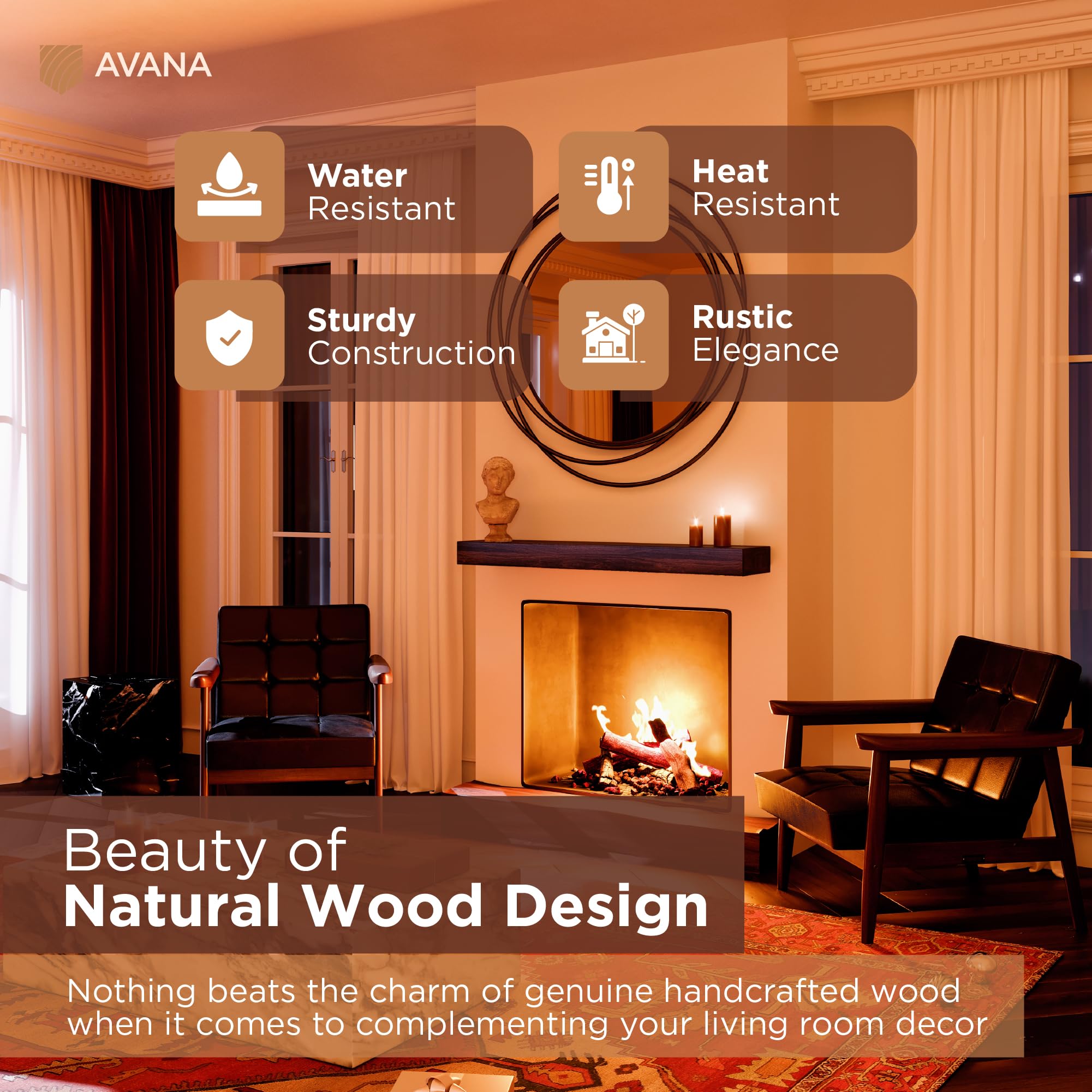 Avana Fireplace Mantel Shelf 48 Inches - Natural Mantles For Over Fireplace - Wall Mounted Fireplace Mantels, Handcrafted Wood M