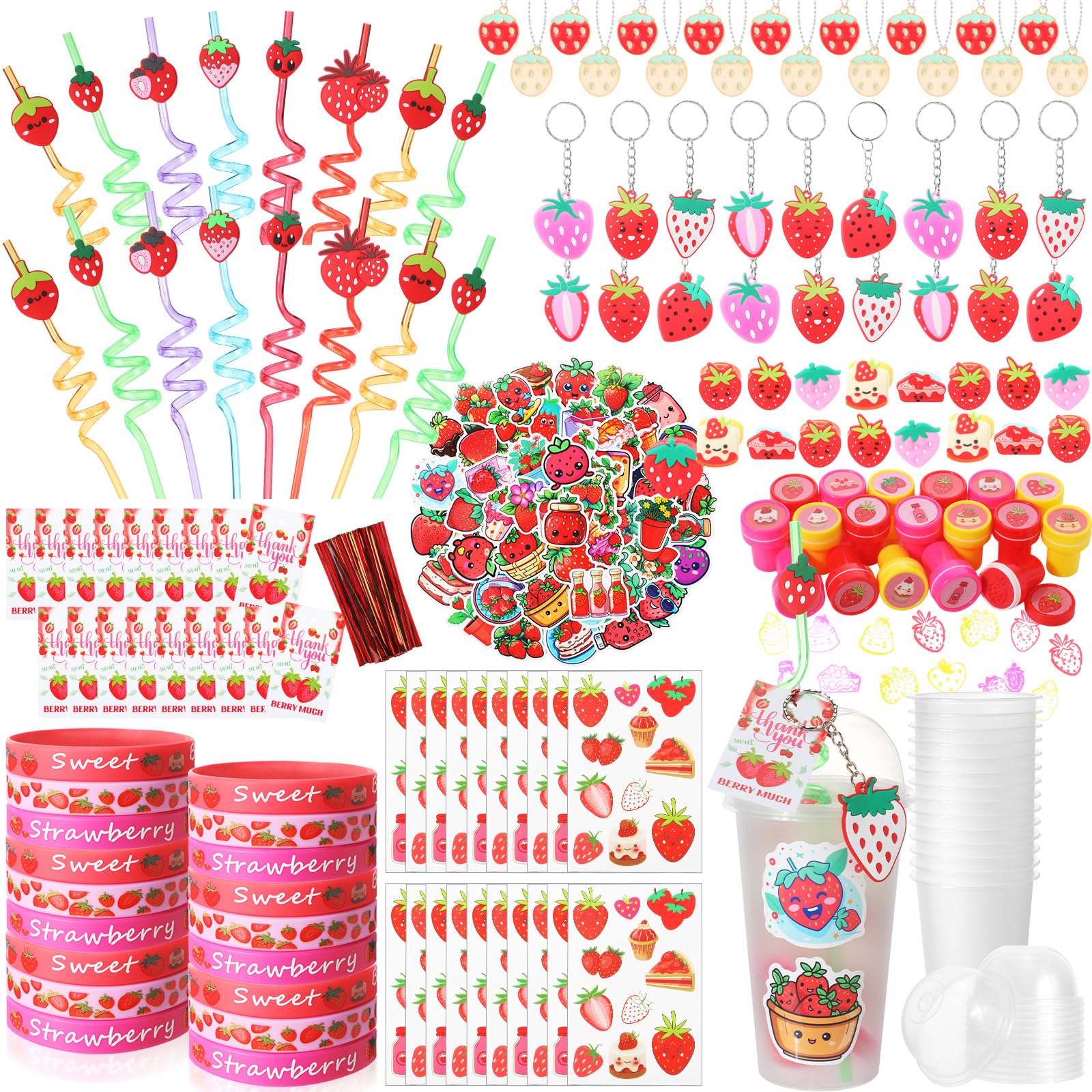 Landical 213 Pcs Strawberry Party Favors Includes Gift Cup Straws Bracelets Stickers Temporary Tattoos Keychain Rings Stampers P