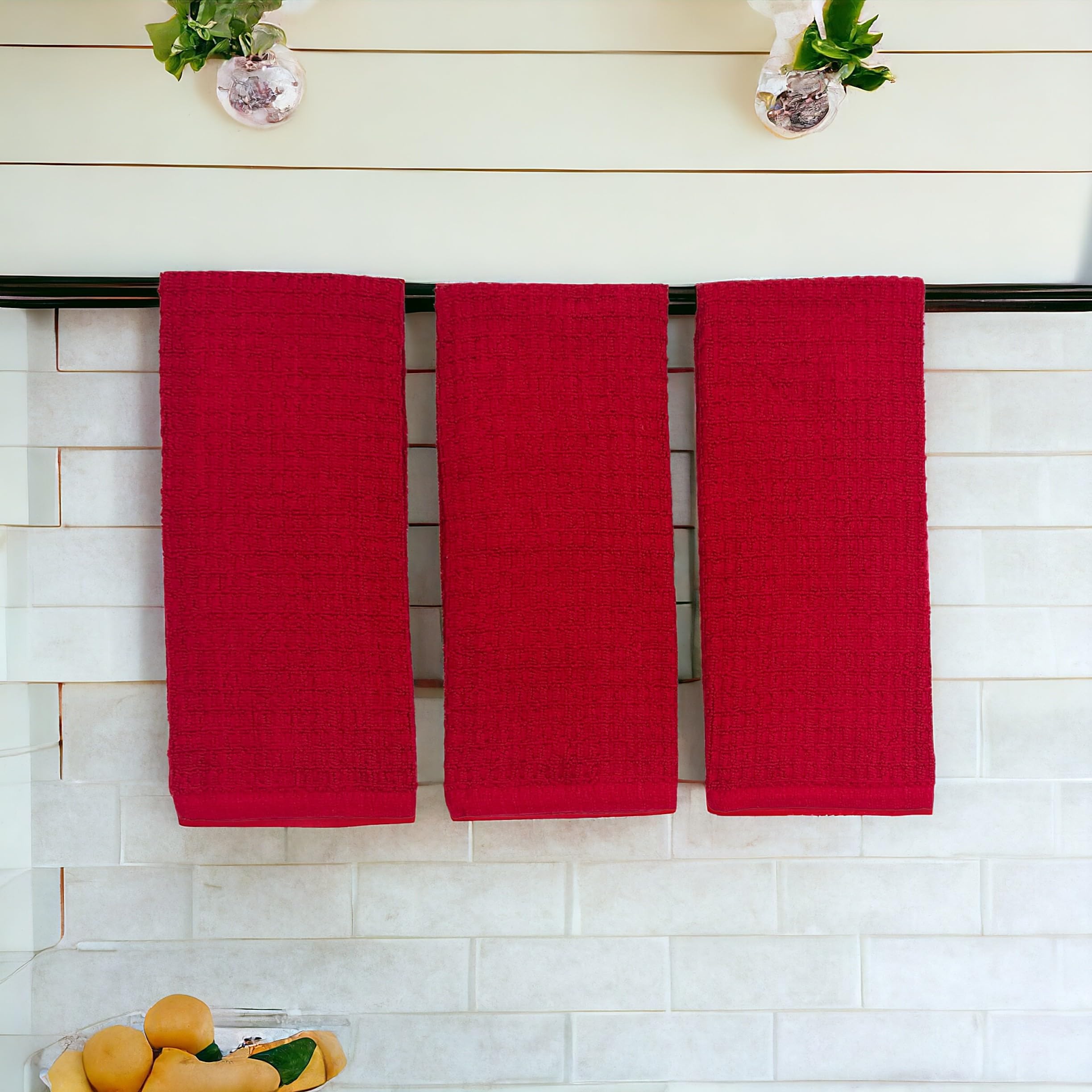 Red Waffle Kitchen Dish Towels 100% Cotton Cloth Soft Cleaning Drying Absorbent Terry Box Loop: Set Of 3 Multipurpose For Everyd