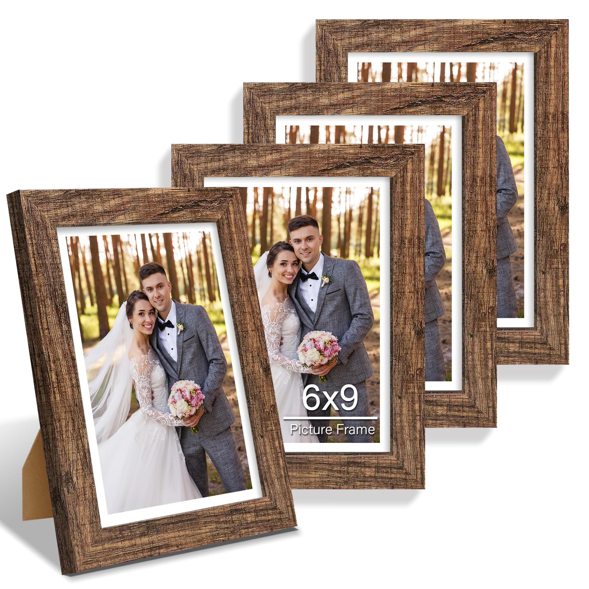 Hongkee 6x9 Picture Frame Set of 4, Made of Real Glass and Rustic Brown Wooden Frame - 6 by 9 Photo for Wall or Tabletop Display
