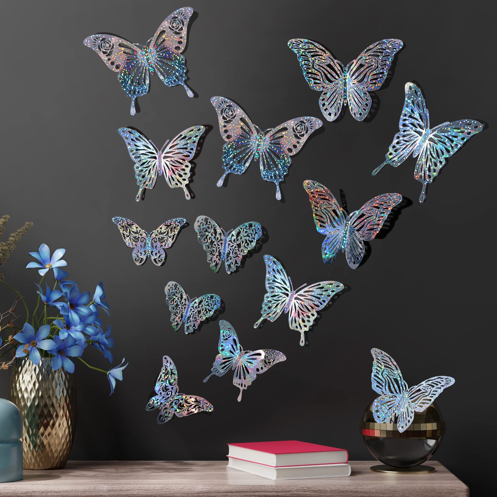 60 Pcs 3D Sequined Silver Butterfly Wall Decor, 5 Styles 3 Sizes,Butterfly Cake Birthday Party Baby Shower Decorations Iridescen