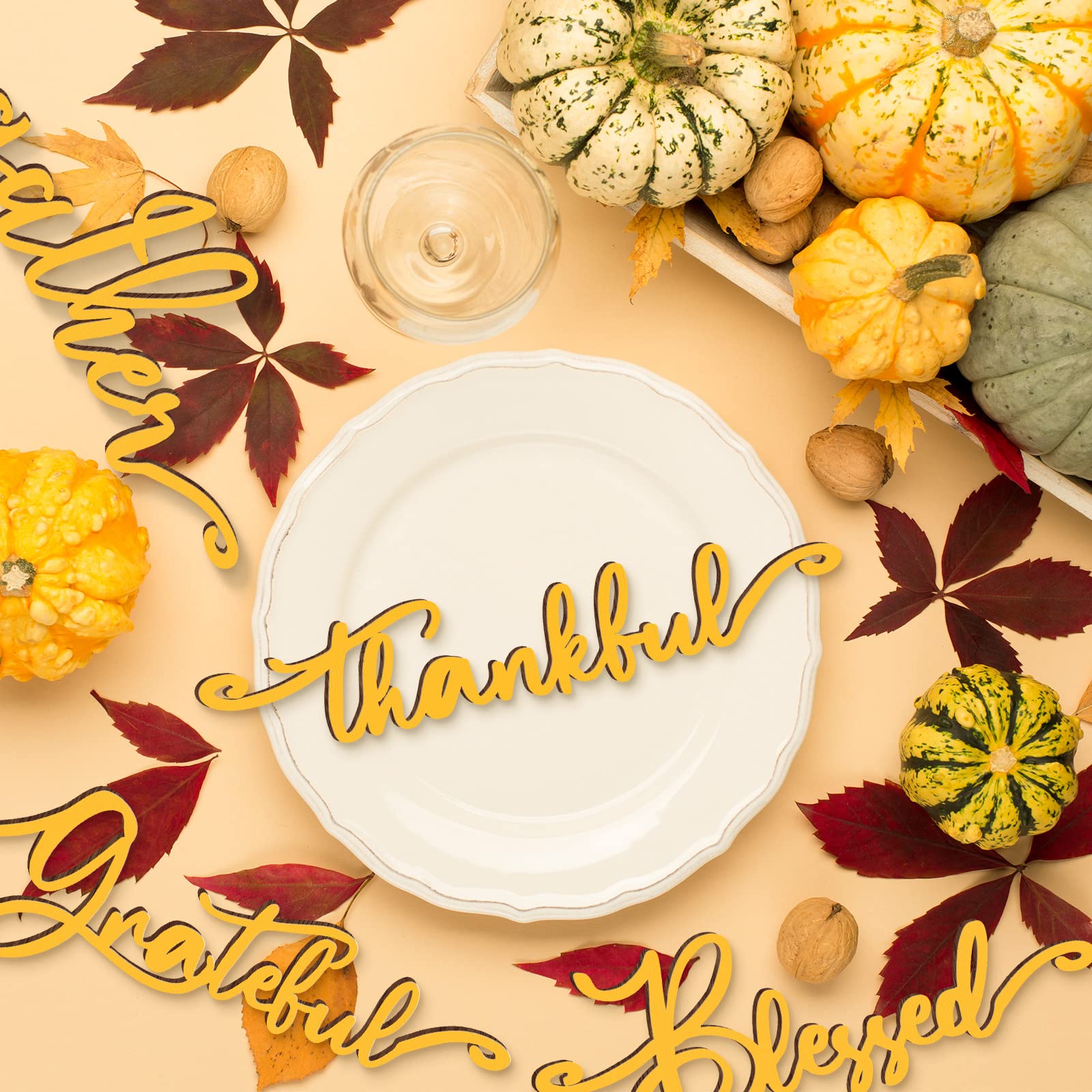 Jetec 10 Pieces Thanksgiving Decor Thankful Grateful Blessed Wood Cutout Sign for Plate Table Wall Decor Rustic Wooden Word Cuto