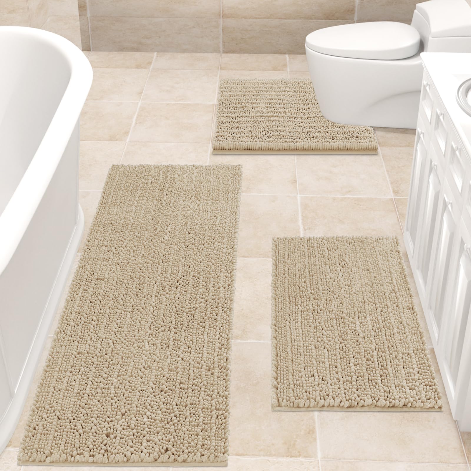 Accumtek Upgrade Extra Large Beige Bathroom Rug Set 3 Pieces Ultra Soft, Thick Absorbent Bath Mats, Non Slip Chenille Toilet Mat